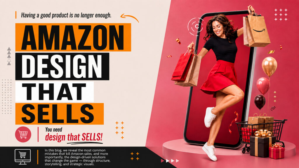 Amazon Design That Sells Journal cover with bold orange and black typography beside a smartphone shopping scene with a woman holding shopping bags.
