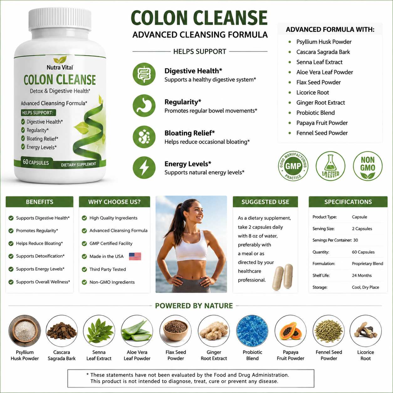 Generic colon cleanse Amazon listing infographic presenting product benefits, ingredients, certifications, usage instructions, and specifications without a clearly defined target audience.