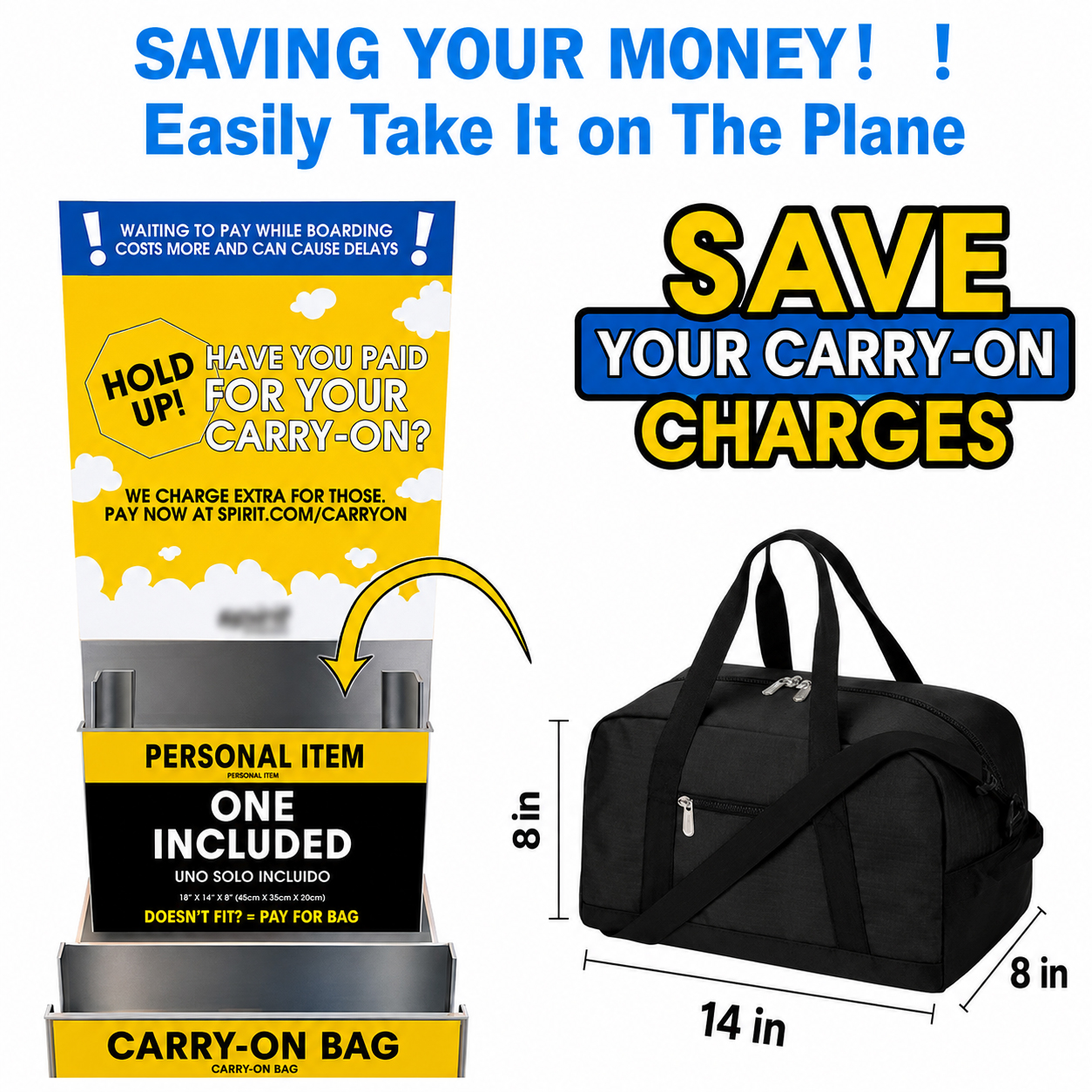 Bad Amazon listing example for a carry-on bag with excessive text, competing messages, inconsistent typography, and unclear visual hierarchy.