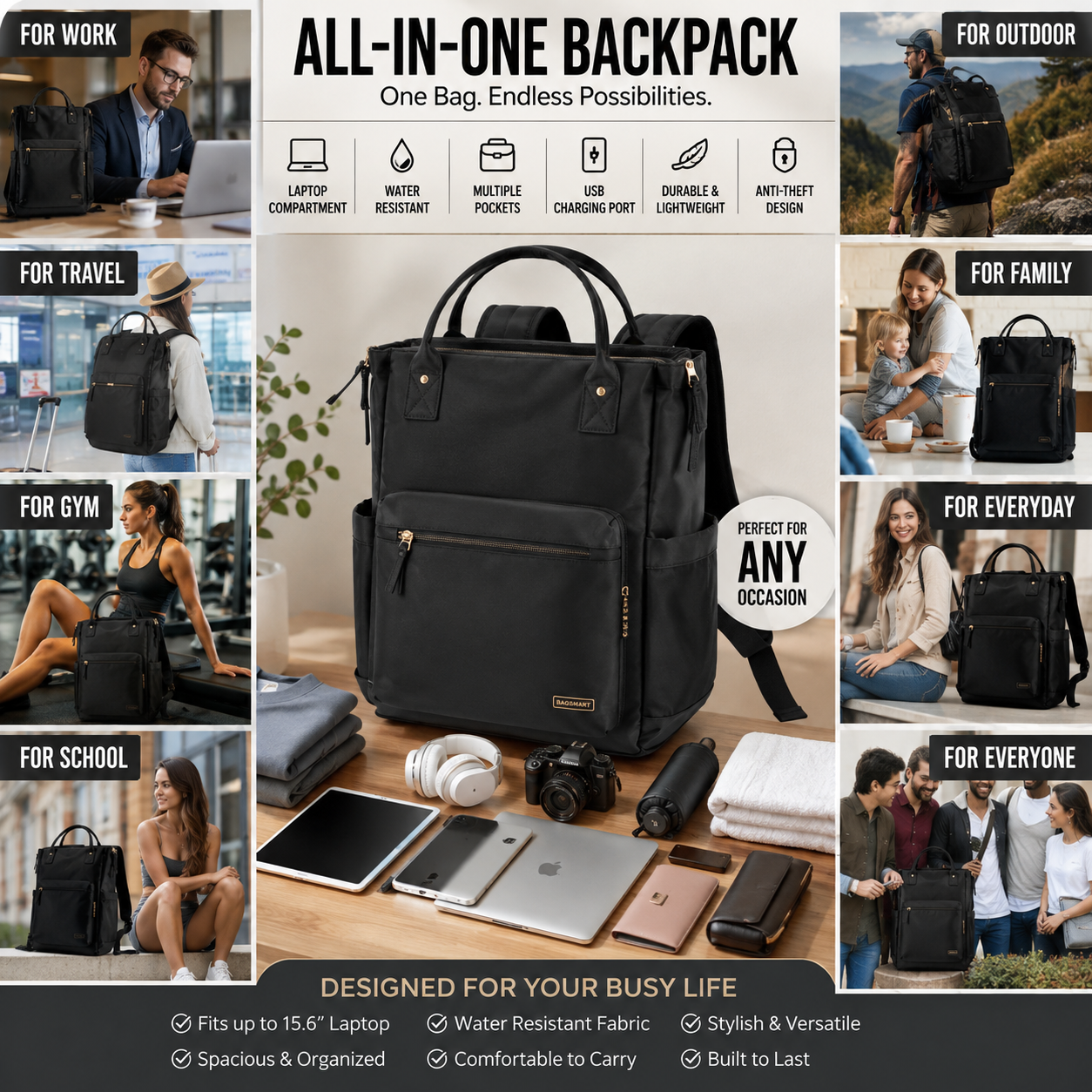 Overloaded Amazon backpack infographic promoting the same product for work, travel, gym, school, outdoor activities, families, everyday use, and everyone without defining a clear target audience.