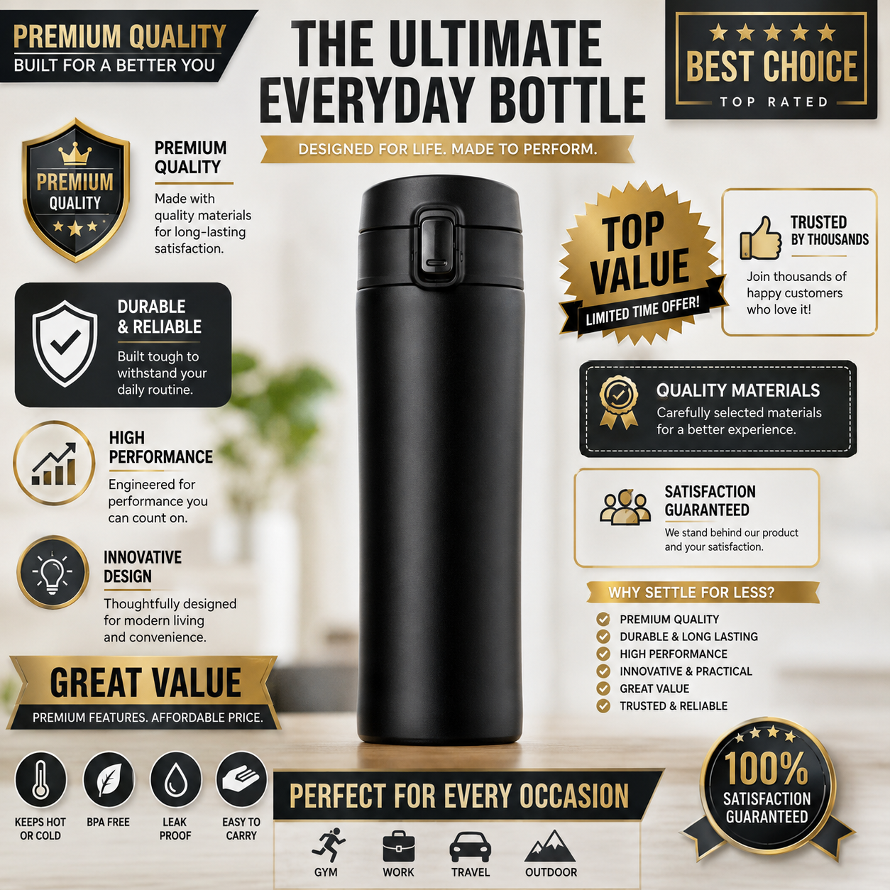 Poor Amazon listing example for a black bottle using generic premium-quality, best-choice, durable, innovative, and great-value claims without product-specific evidence.