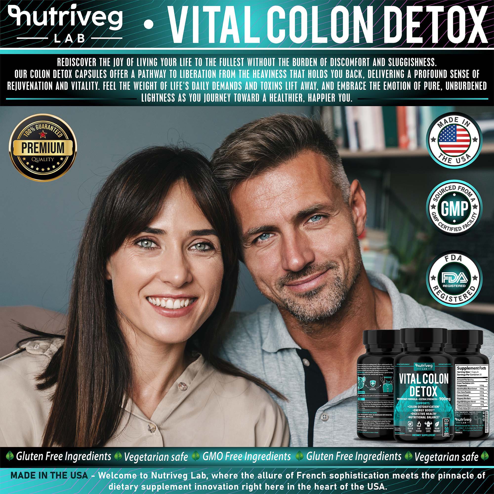 Vital Colon Detox Amazon marketing visual featuring lifestyle imagery, product packaging, brand identity, benefit messaging, and supporting trust badges.