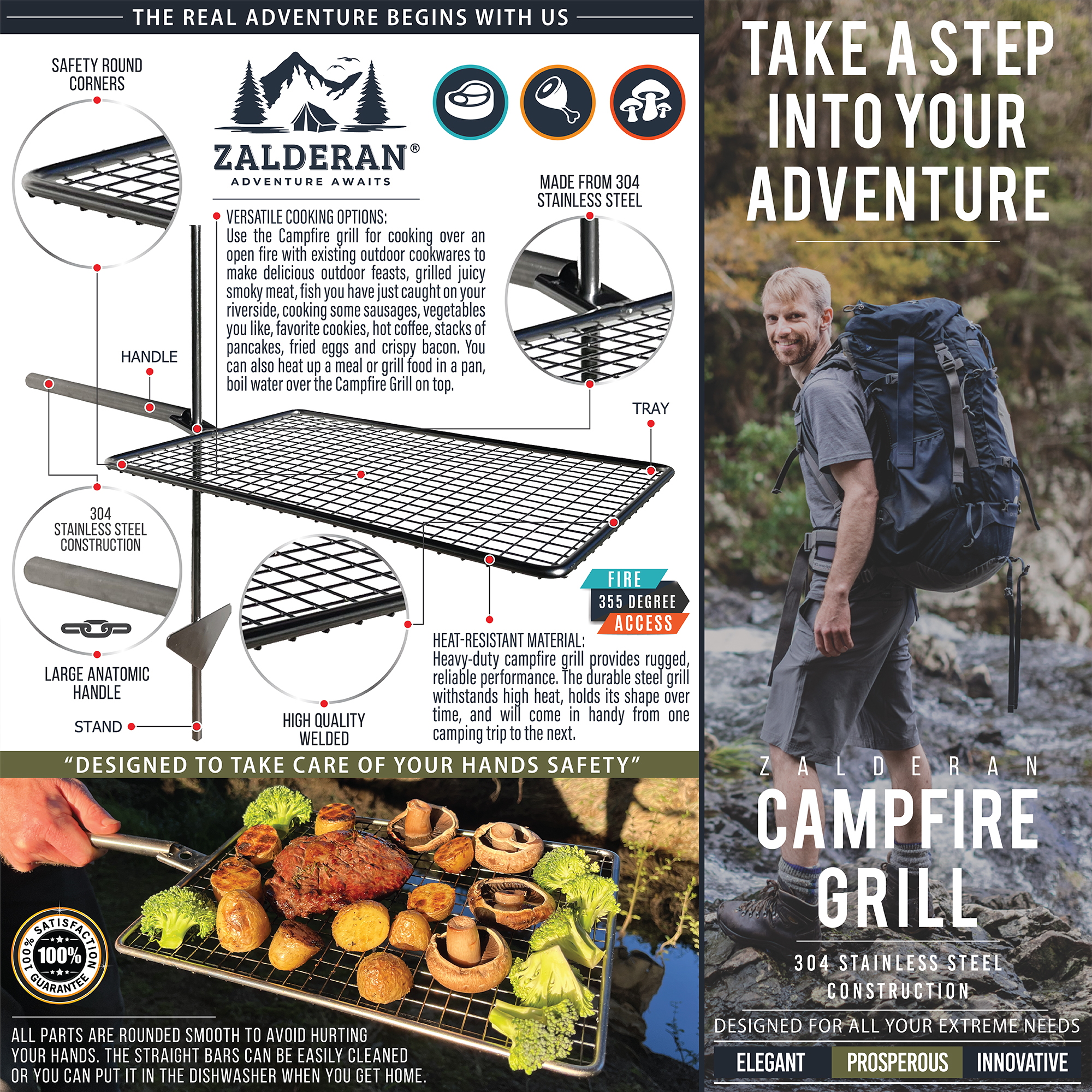 ZALDERAN Campfire Grill marketplace visual combining product construction details, outdoor use context, functional callouts, and prepared food.