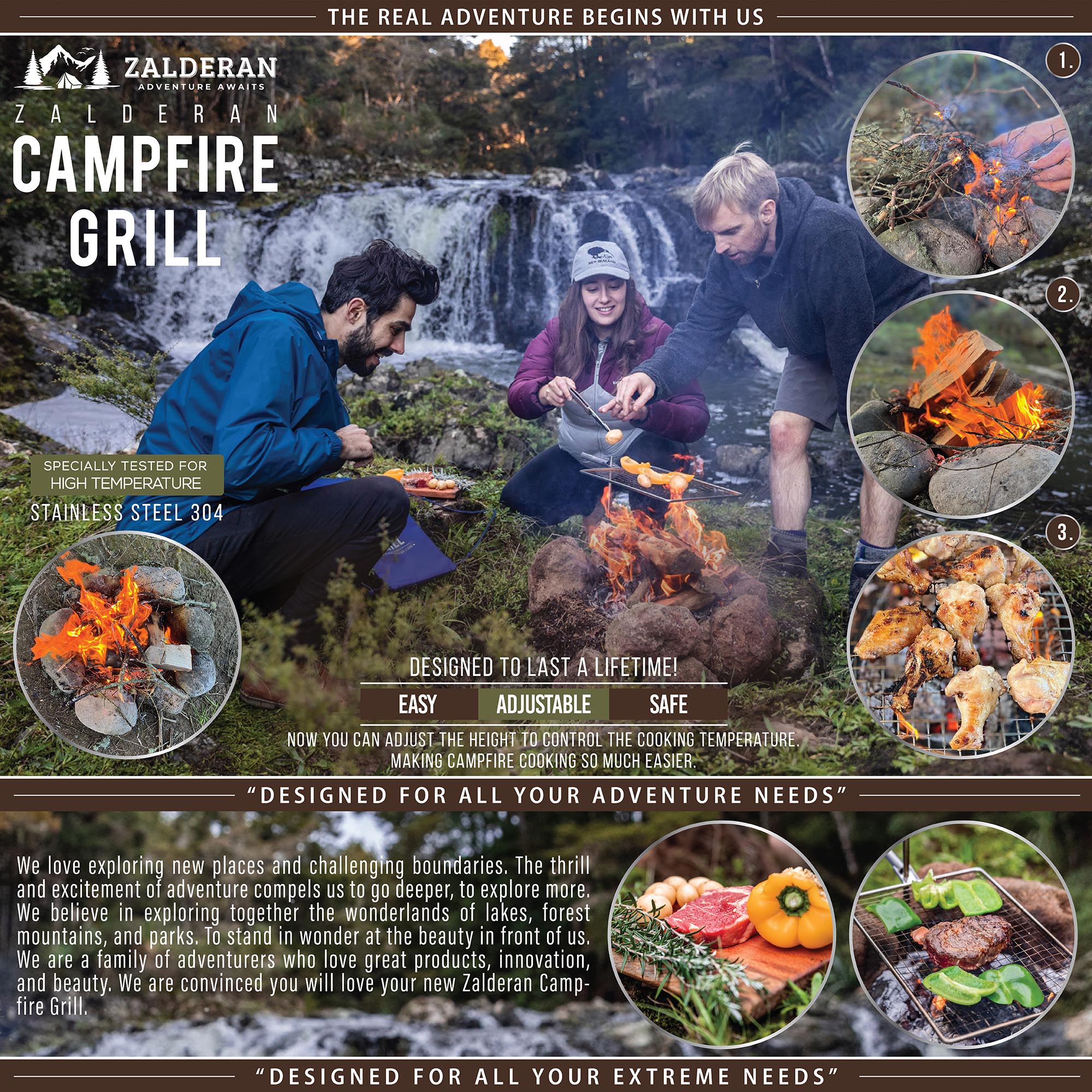 ZALDERAN Campfire Grill marketplace visual combining a dominant outdoor cooking scene with supporting product applications, functional details, and proof points.