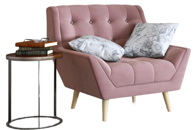 3D-rendered pink armchair with cushions and a modern side table, created for furniture and interior visualization.