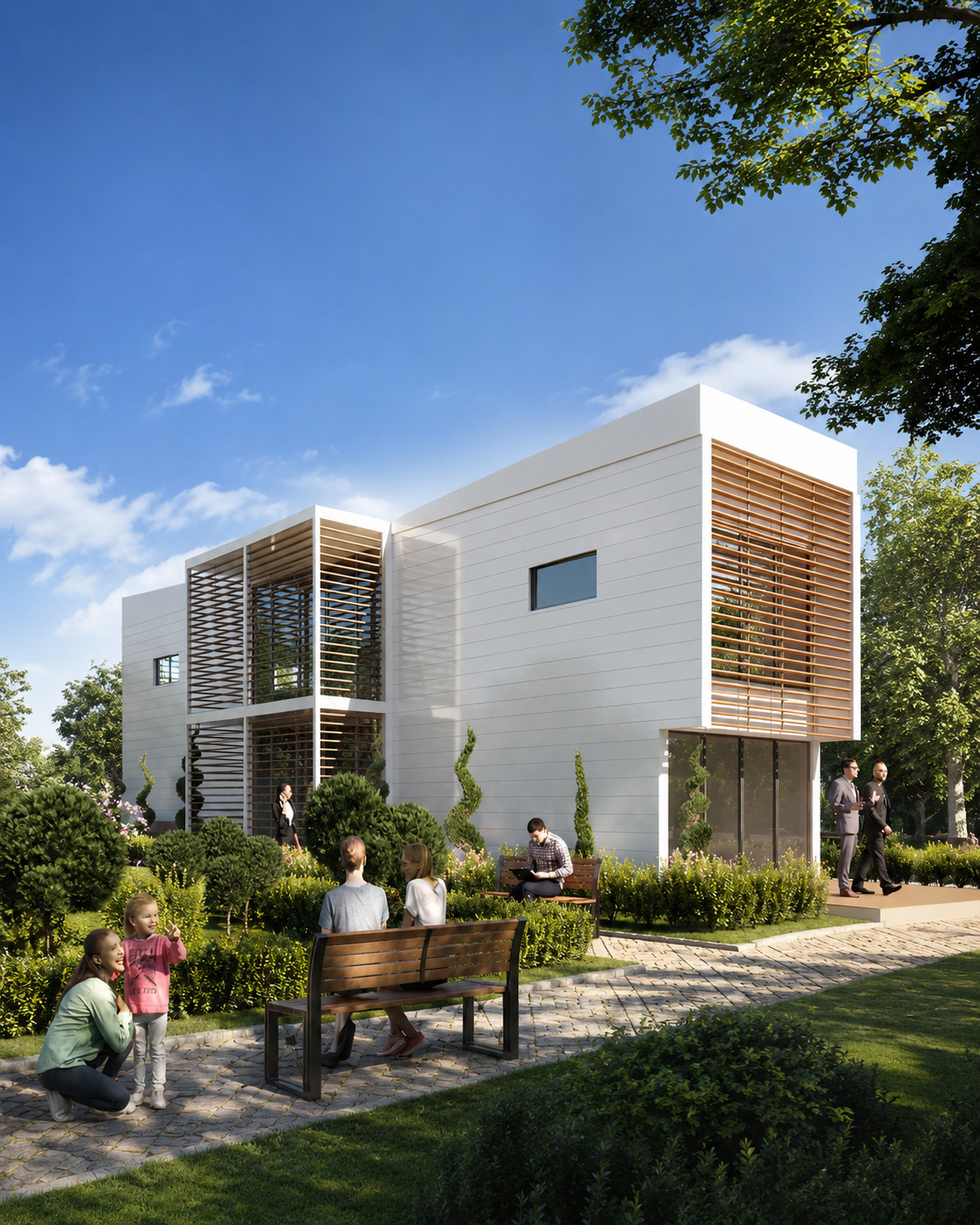 Photorealistic 3D architectural visualization of a modern white public building with timber sunshades, landscaped gardens, pathways, benches, and people in a daytime exterior setting.