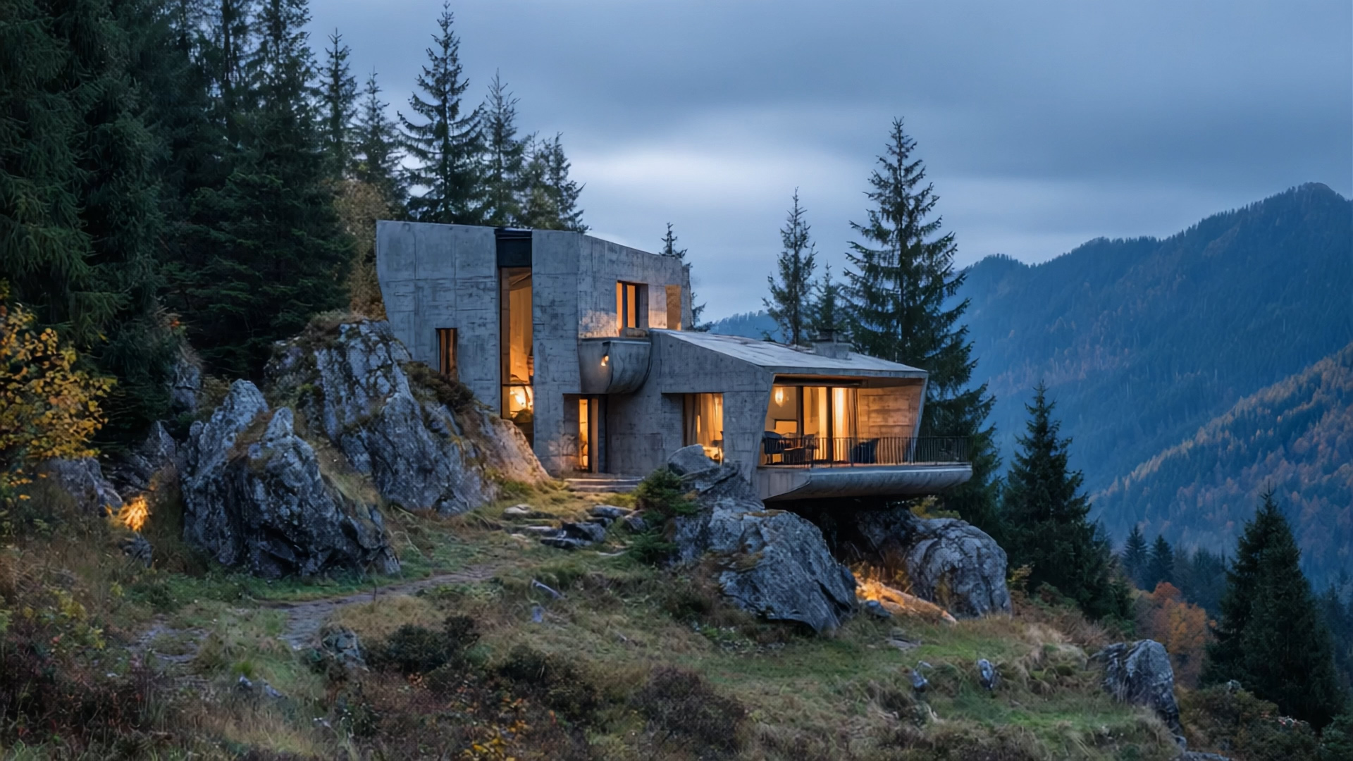 Contemporary concrete mountain house integrated into rocky terrain and forest landscape, with warm interior lighting and panoramic views.