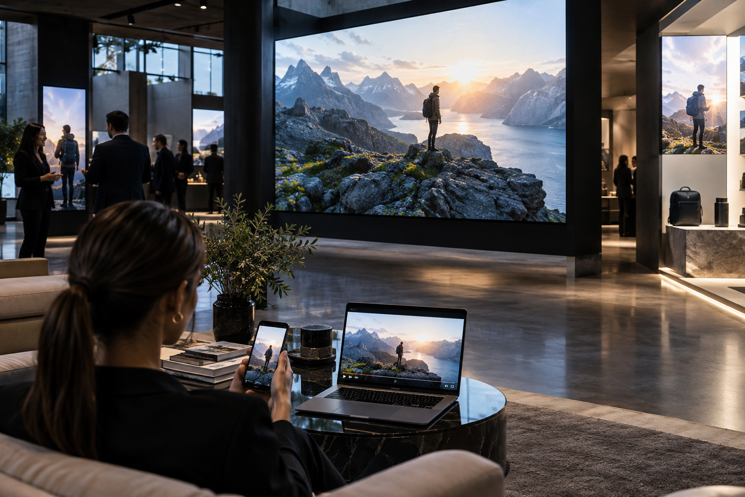 Professional video content displayed across a large presentation screen, laptop and smartphone to demonstrate long-term multi-channel use.