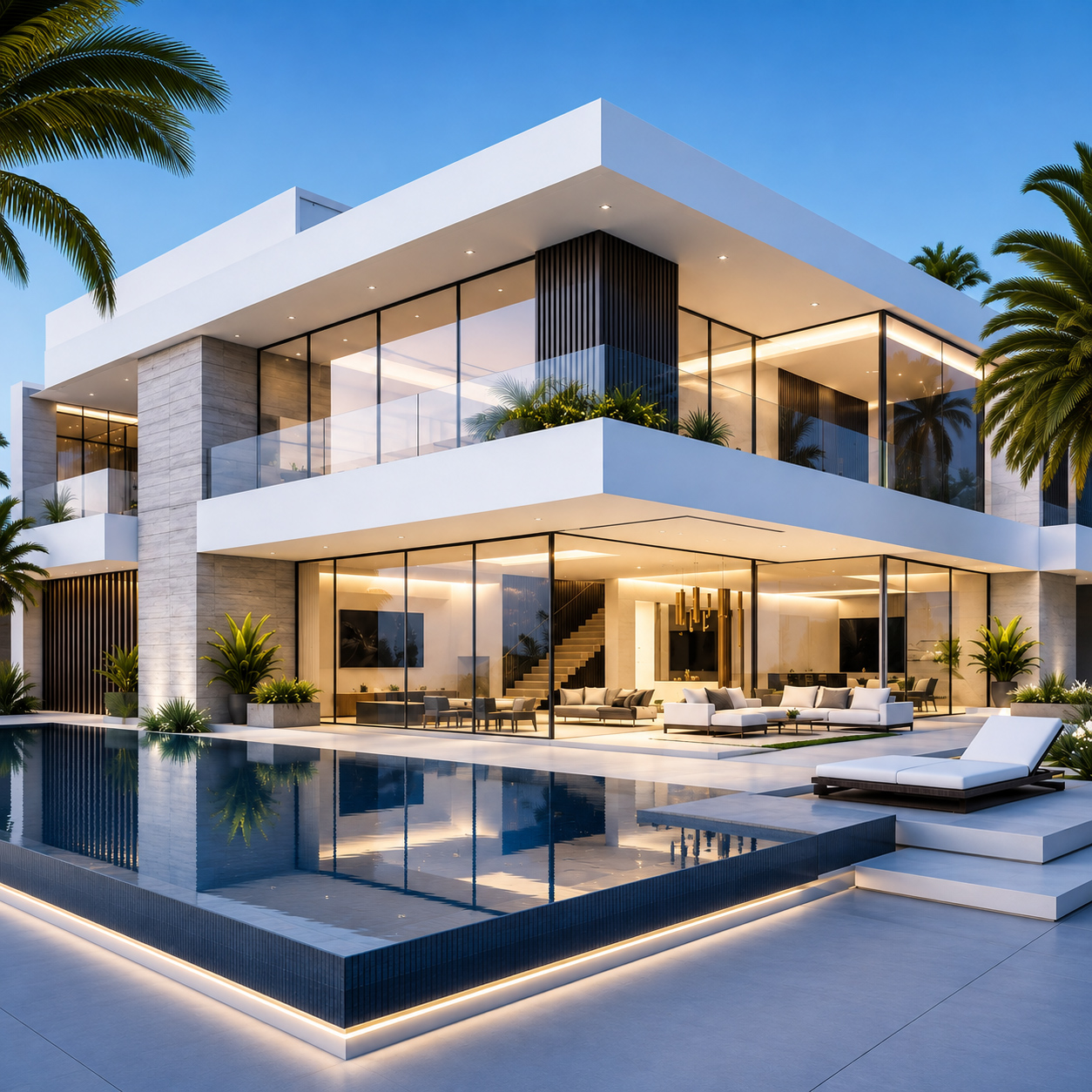 3D architectural visualization of a modern luxury house with large glass walls, illuminated interiors, tropical landscaping, and a reflective swimming pool.