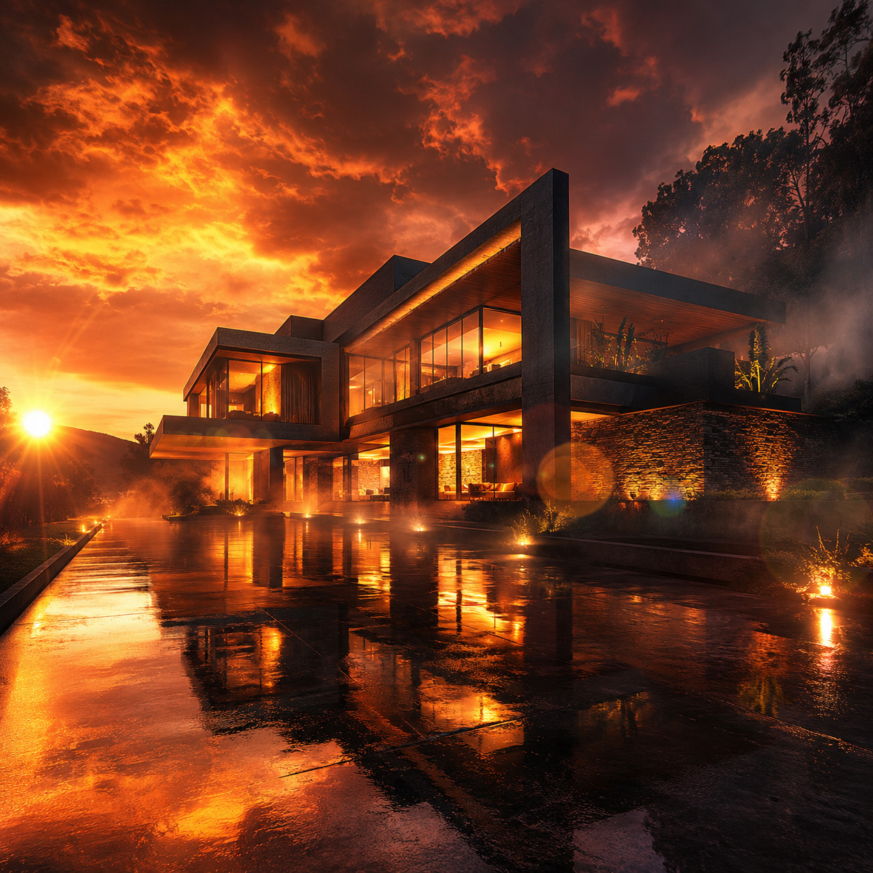 3D architectural visualization of a modern house at sunset with intense orange lighting, glowing interiors, wet reflective surfaces, mist, and dramatic sky effects.