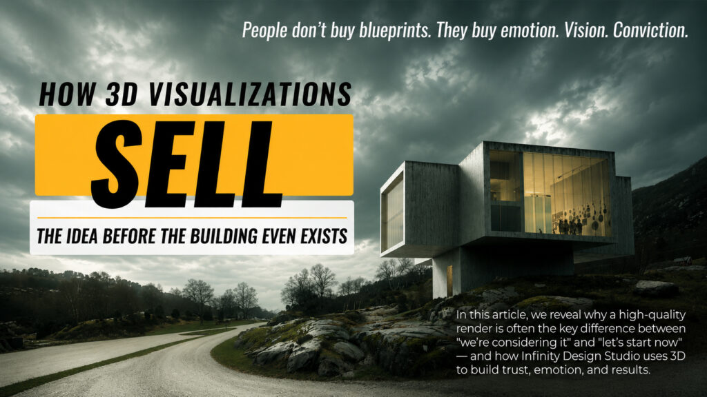 Journal cover for “How 3D Visualizations Sell the Idea Before the Building Even Exists,” showing a modern architectural visualization under dramatic clouds.