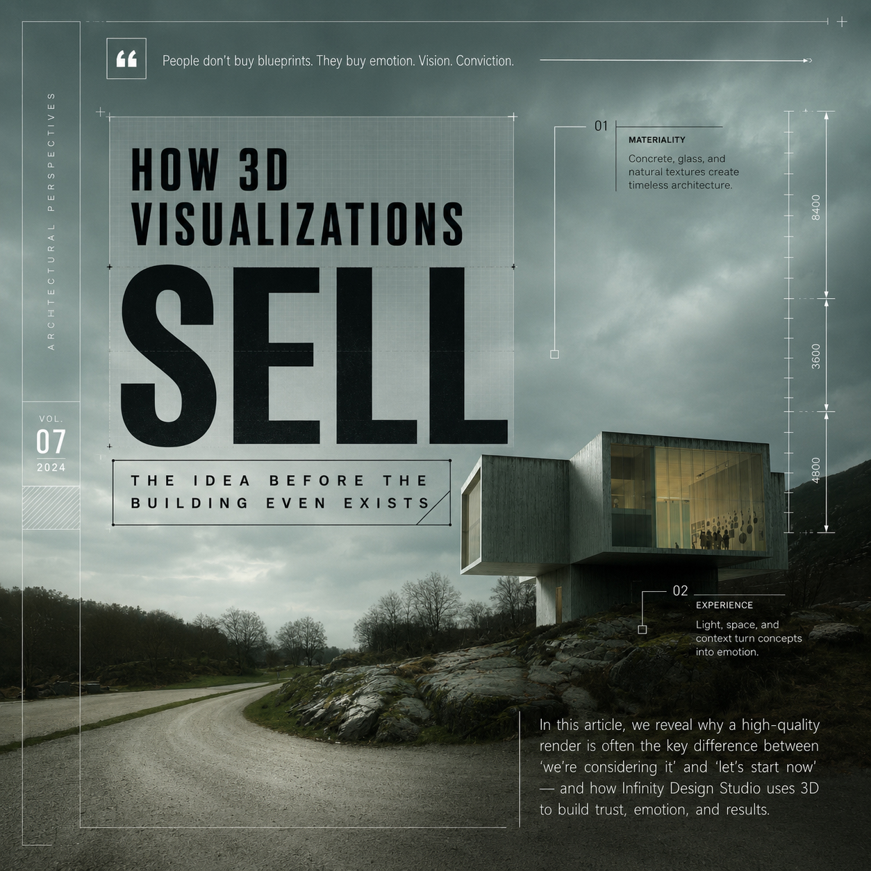 Journal cover for “How 3D Visualizations Sell the Idea Before the Building Even Exists,” featuring a dramatic architectural render of a modern house beneath storm clouds.