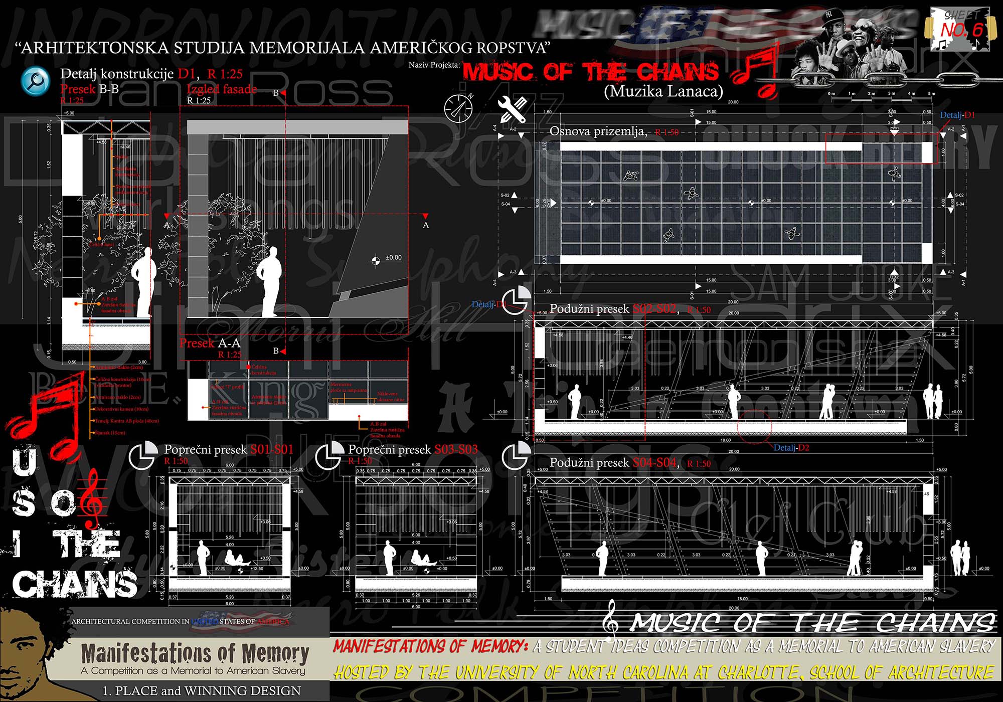 Music of the Chains architectural presentation board with floor plan, sections, construction details, dimensions, human scale figures, and conceptual graphics.
