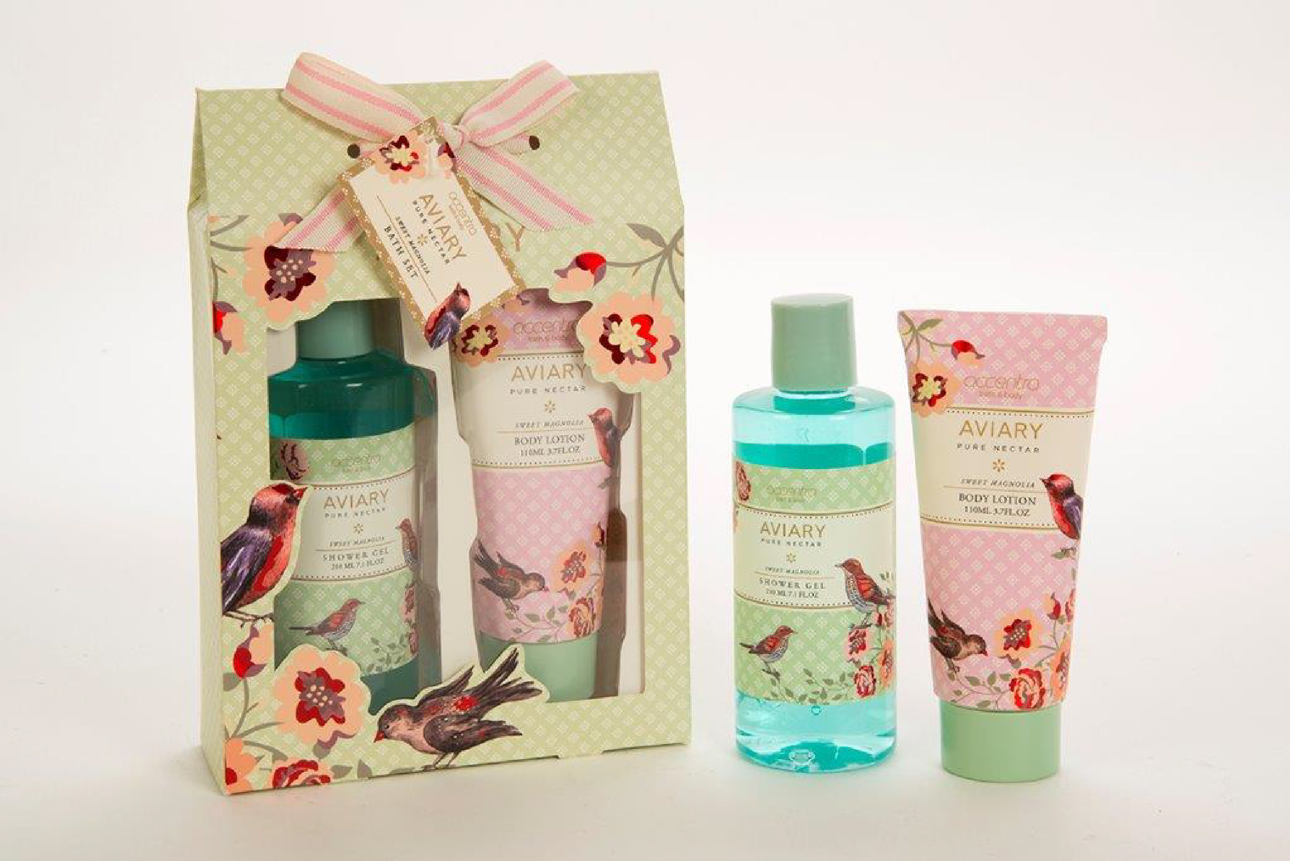 Earlier ACCENTRA® Aviary Pure Nectar Sweet Magnolia gift set with shower gel, body lotion, floral packaging, and illustrated birds