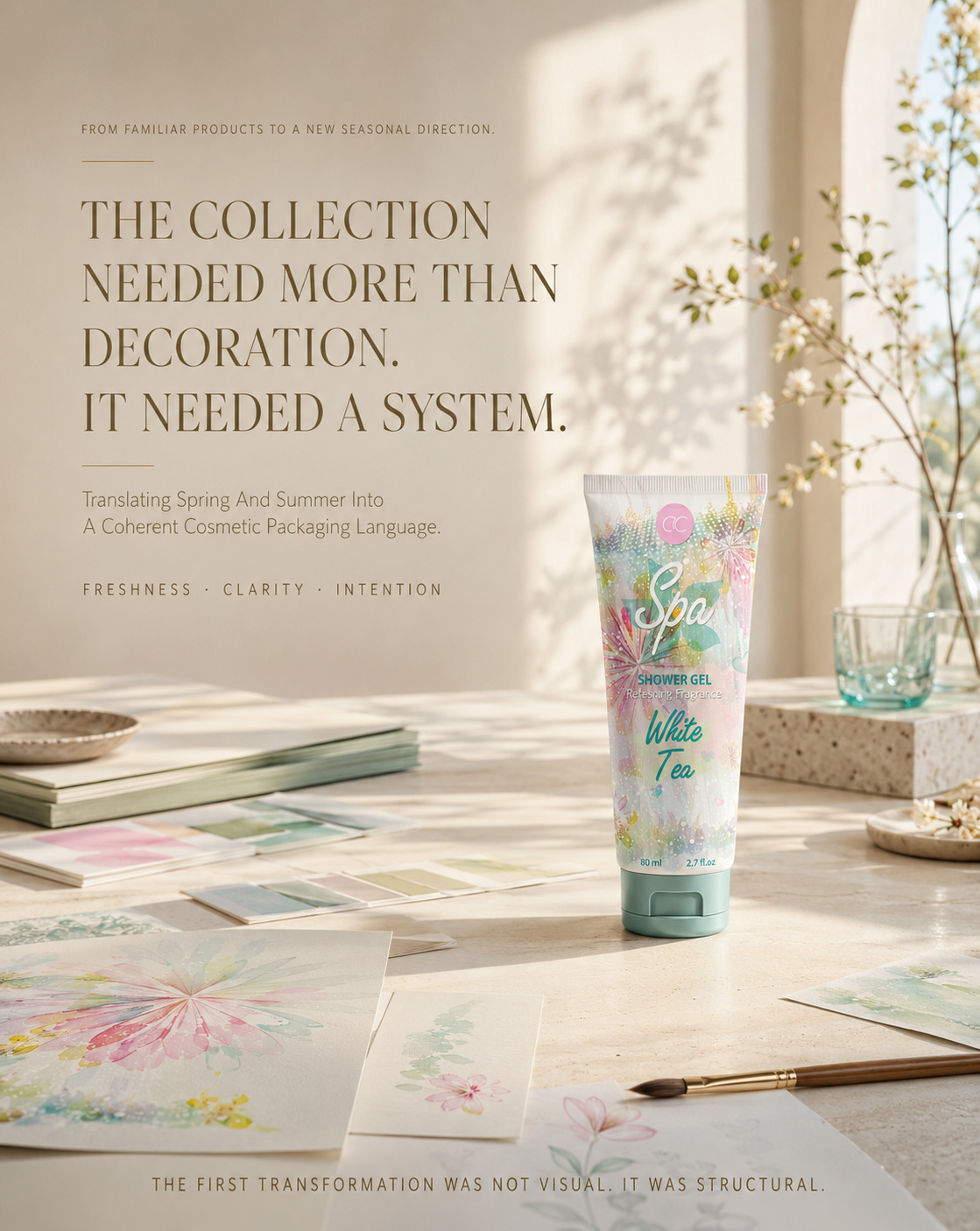 ACCENTRA White Tea Spa shower gel tube displayed beside floral sketches, color samples, and a transition statement about creating a coherent seasonal packaging language.