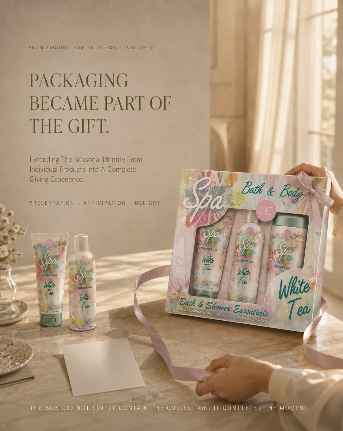 ACCENTRA White Tea Spa products beside a coordinated gift box and an editorial statement about packaging becoming part of the gift.