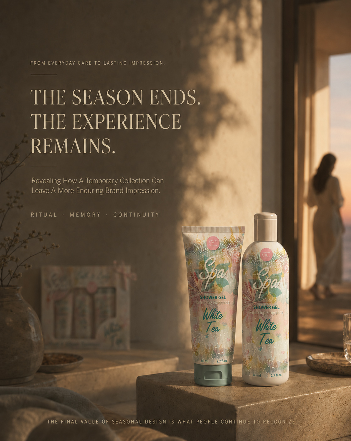 ACCENTRA White Tea Spa products in warm evening light beside an editorial transition about lasting brand recognition.
