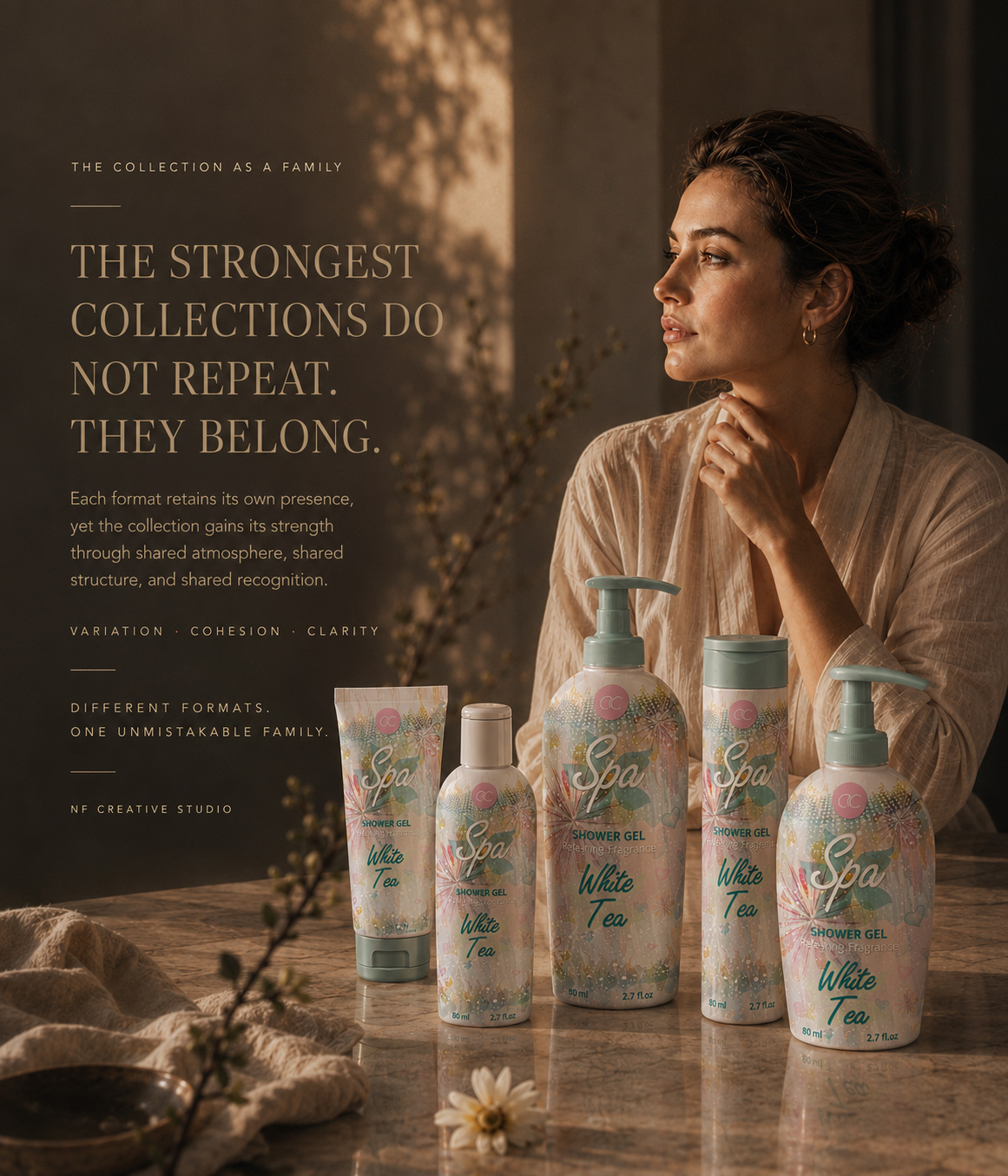 Woman seated behind five ACCENTRA White Tea Spa products with an editorial statement about variation, cohesion, and collection recognition.