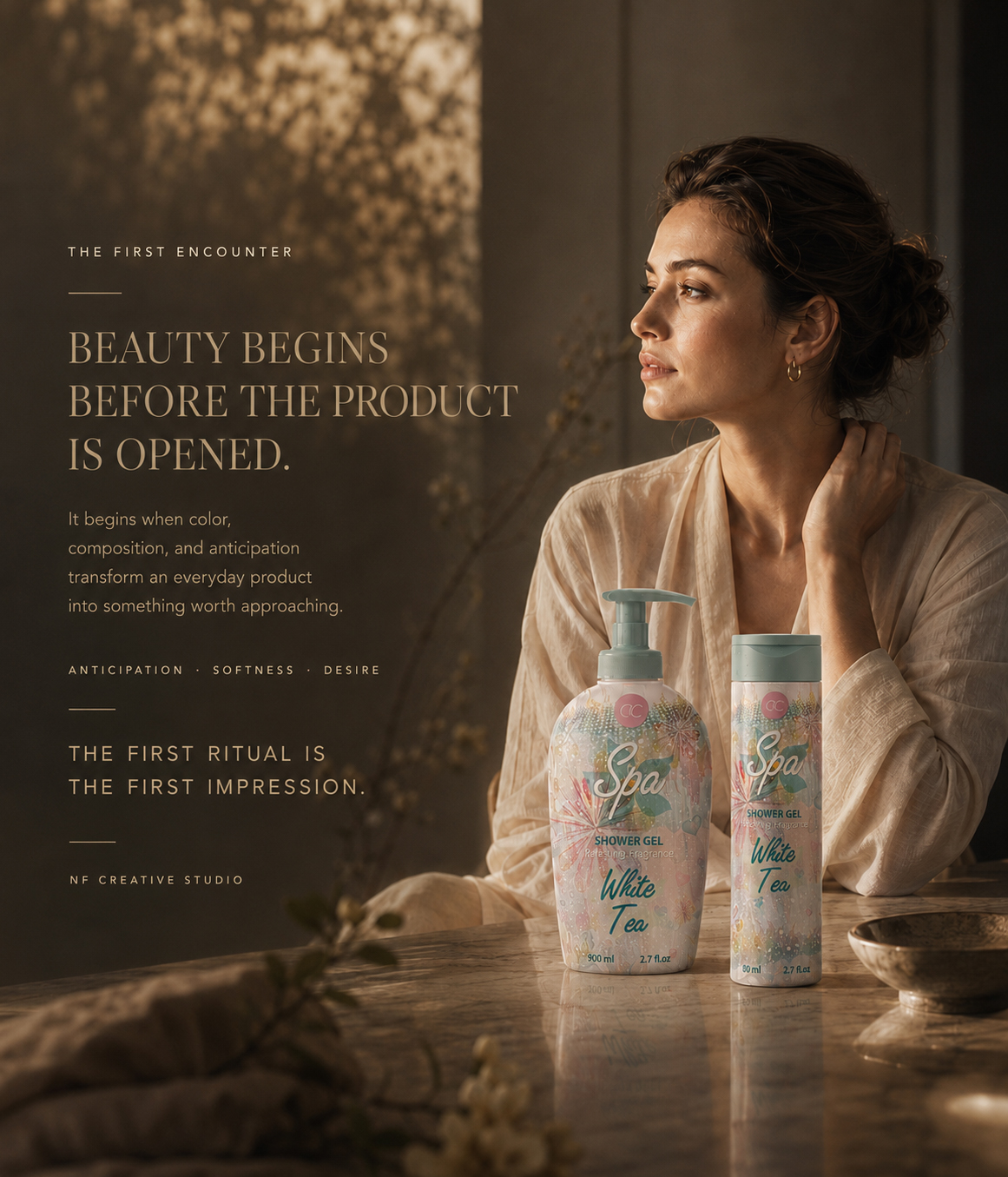 ACCENTRA® Spa White Tea shower gels beside a woman in warm golden light with the statement Beauty Begins Before the Product Is Opened