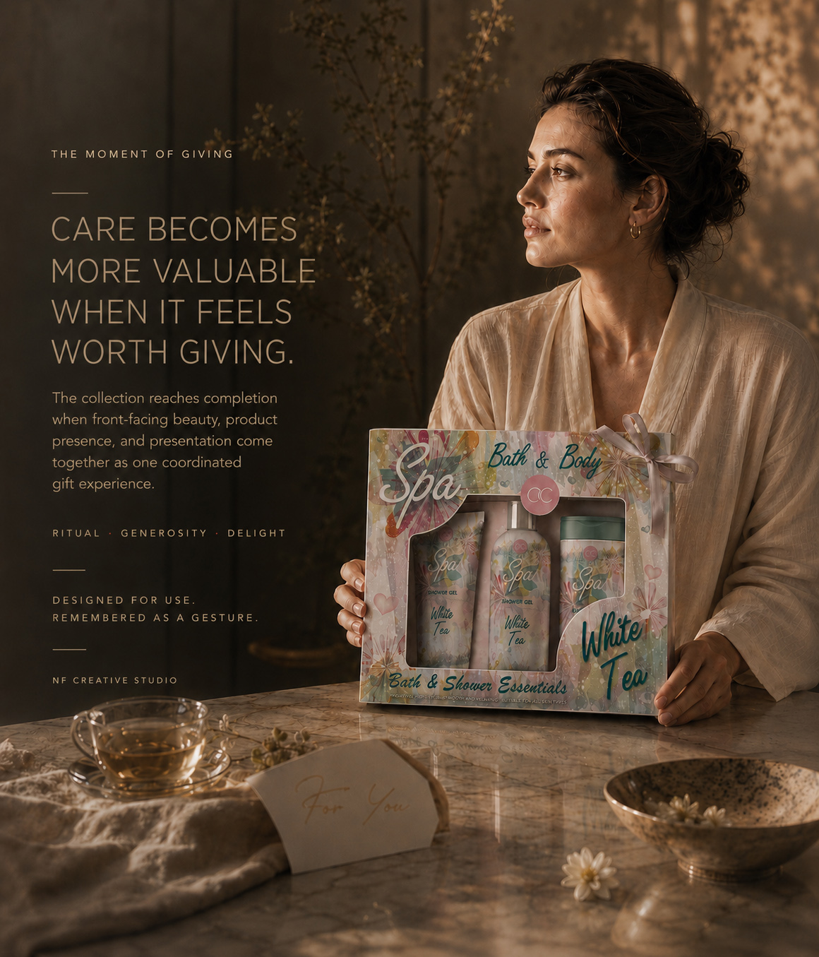 Woman holding the ACCENTRA White Tea Spa gift set beside an editorial statement about care and the value of giving.