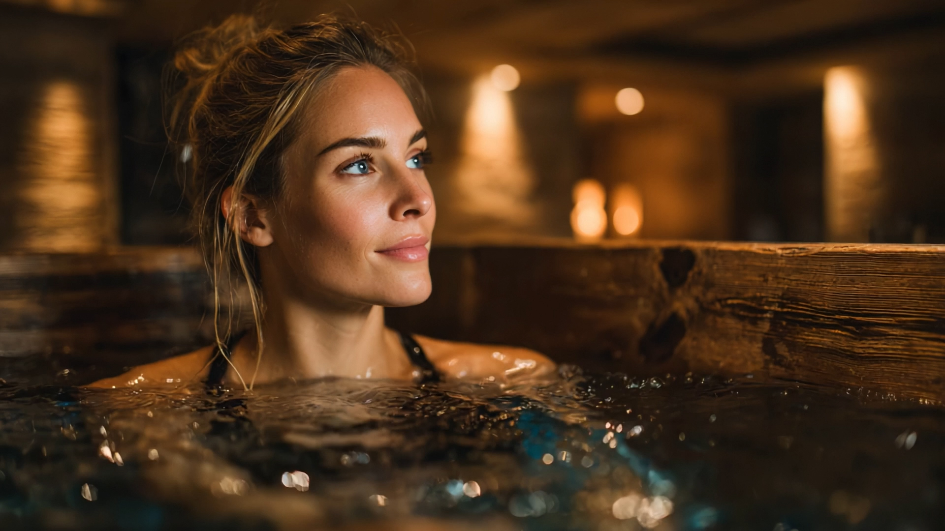 Woman relaxing in a wooden hot tub under warm ambient light for the ACCENTRA® bath and body editorial
