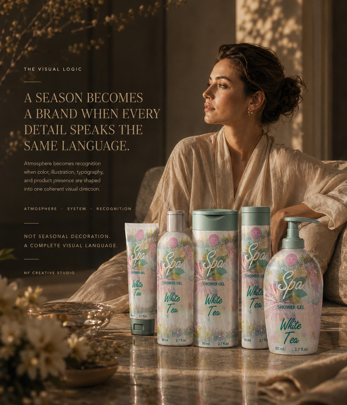 Woman seated beside five ACCENTRA White Tea Spa products and an editorial statement about cohesive seasonal packaging language.