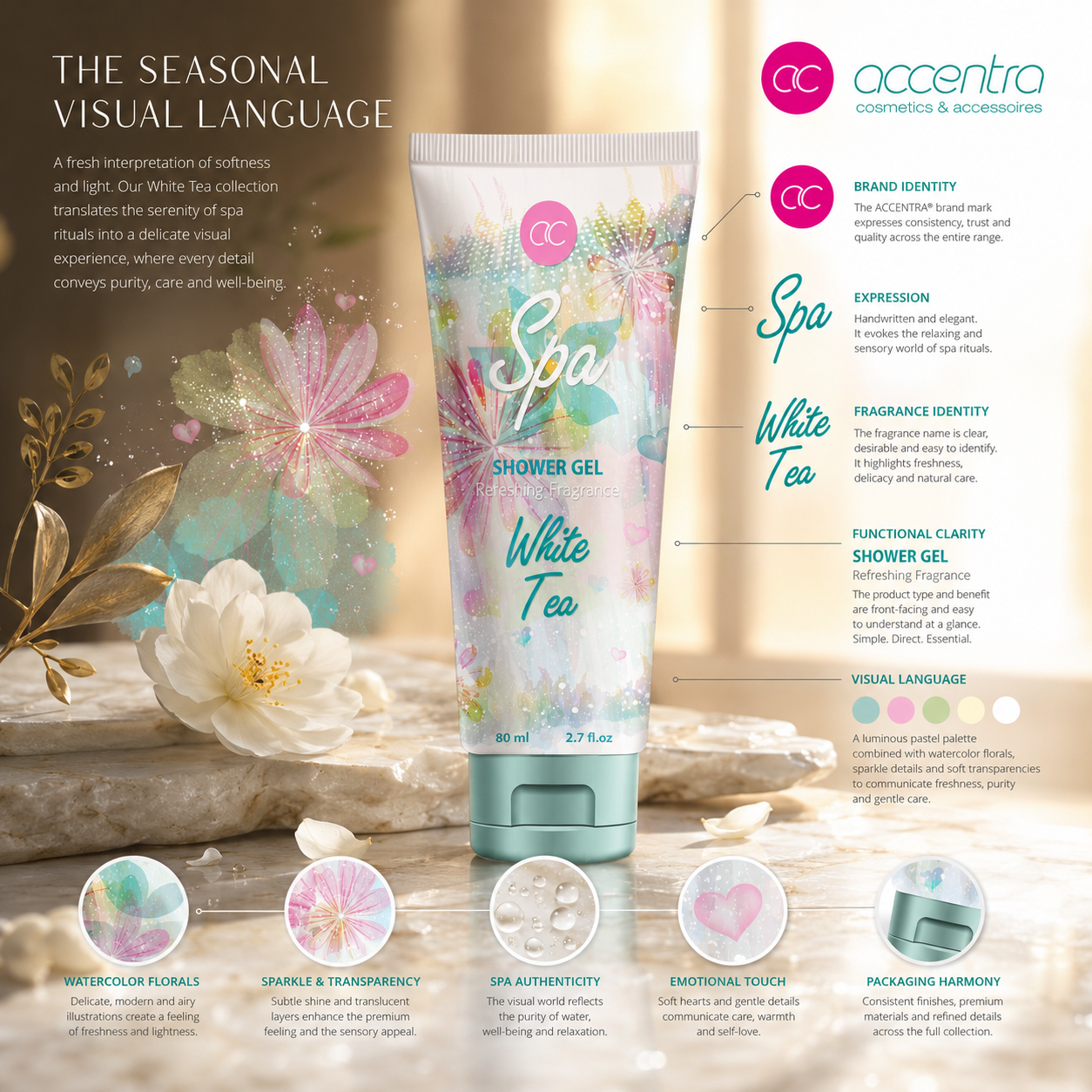 ACCENTRA White Tea Spa shower gel packaging analyzed through brand identity, typography, color, watercolor florals, hierarchy, and front-of-pack details.