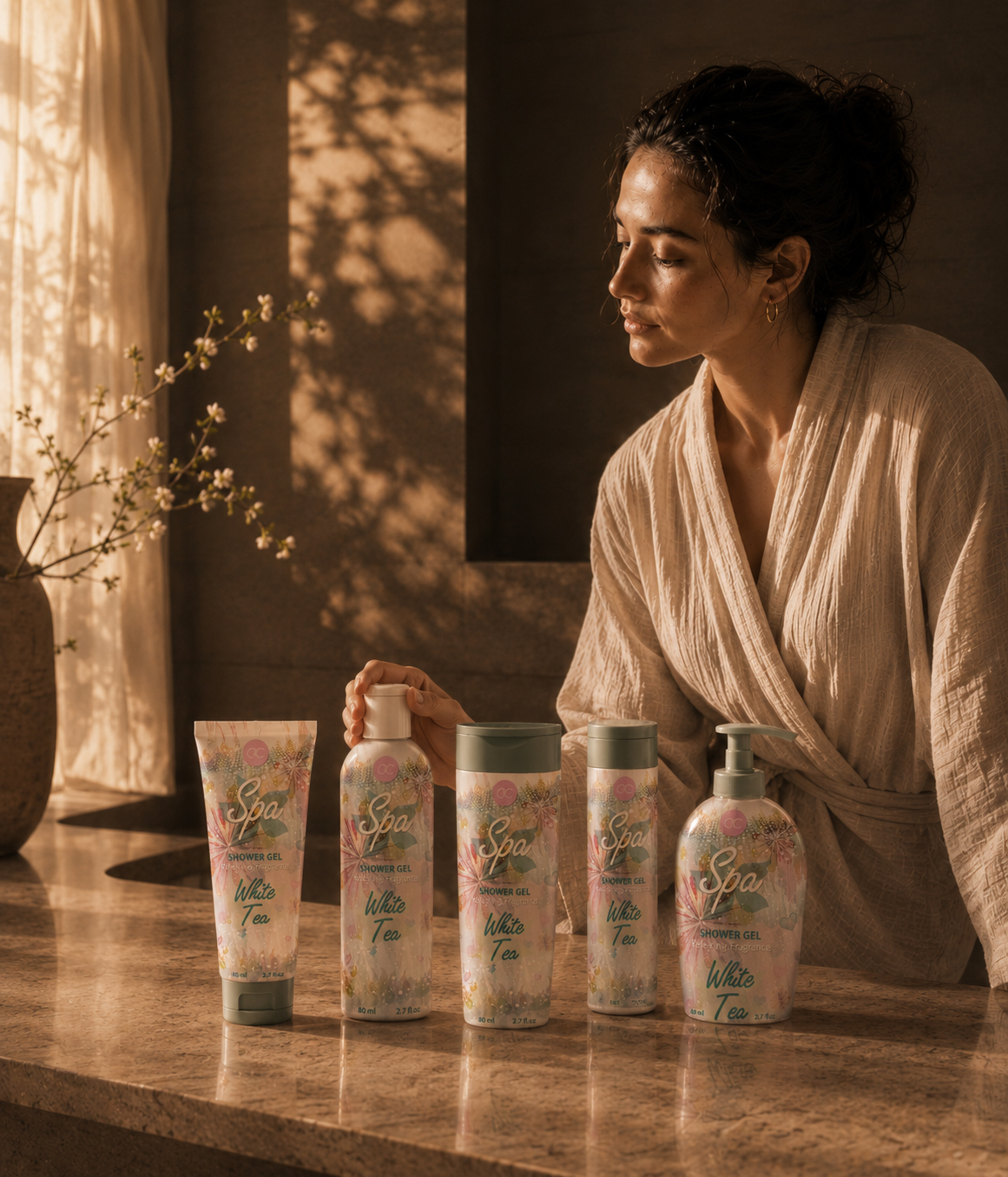Woman in a white robe beside five ACCENTRA® Spa White Tea shower gel formats in warm golden morning light