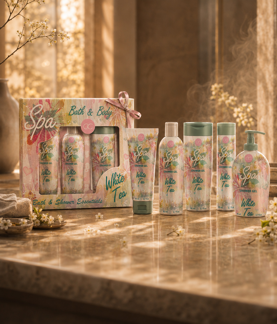 ACCENTRA® Spa White Tea shower gel collection and coordinated Bath & Body gift box displayed in warm golden spa light