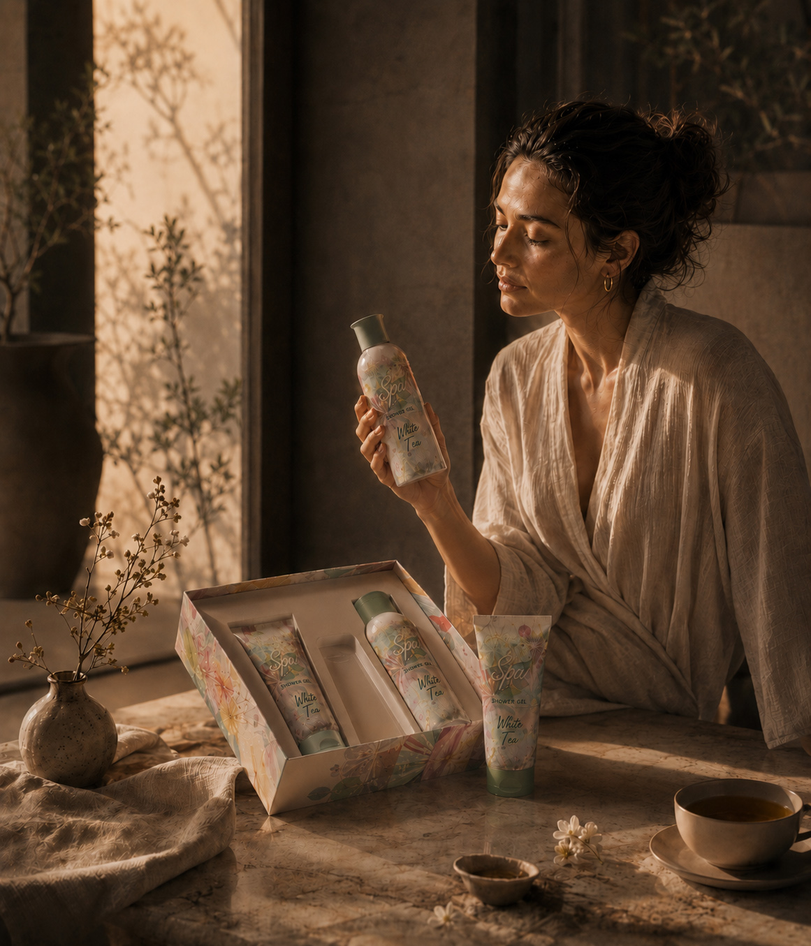 Woman in a white robe holding ACCENTRA® Spa White Tea shower gel beside an open toiletries gift box in warm golden light