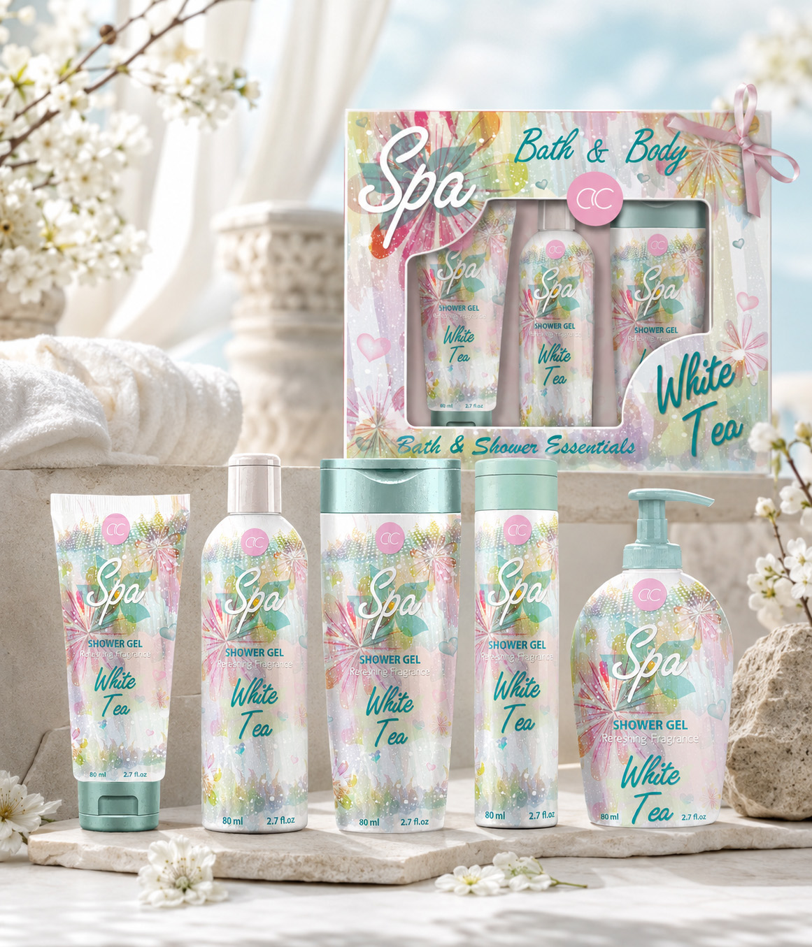 ACCENTRA® Spa White Tea seasonal toiletries collection with five shower gel formats and a coordinated gift box