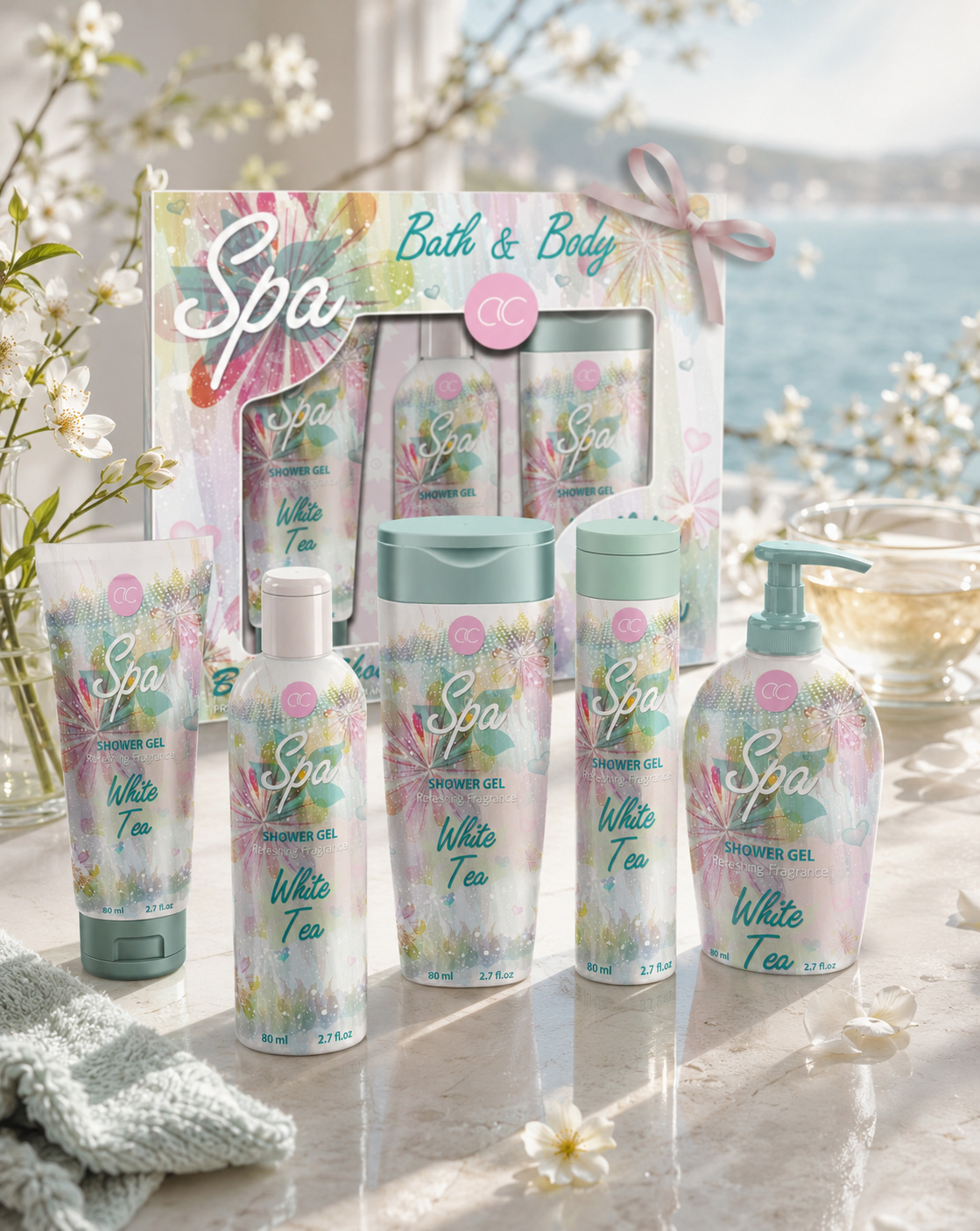 ACCENTRA® Spa White Tea shower gel collection with five packaging formats and a coordinated gift box in a bright coastal setting