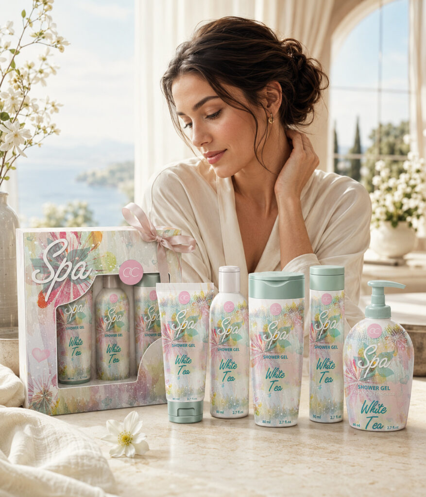 Woman in a white robe beside the ACCENTRA® Spa White Tea toiletries collection and coordinated seasonal gift box