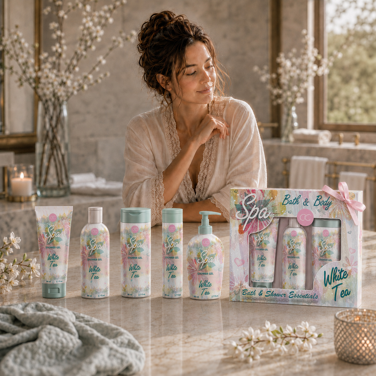 Woman with the complete ACCENTRA White Tea Spa product collection and coordinated gift box in an elegant bathroom.