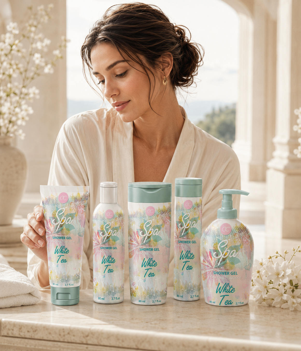 Woman presenting five ACCENTRA White Tea Spa products in a bright, refined bathroom setting.