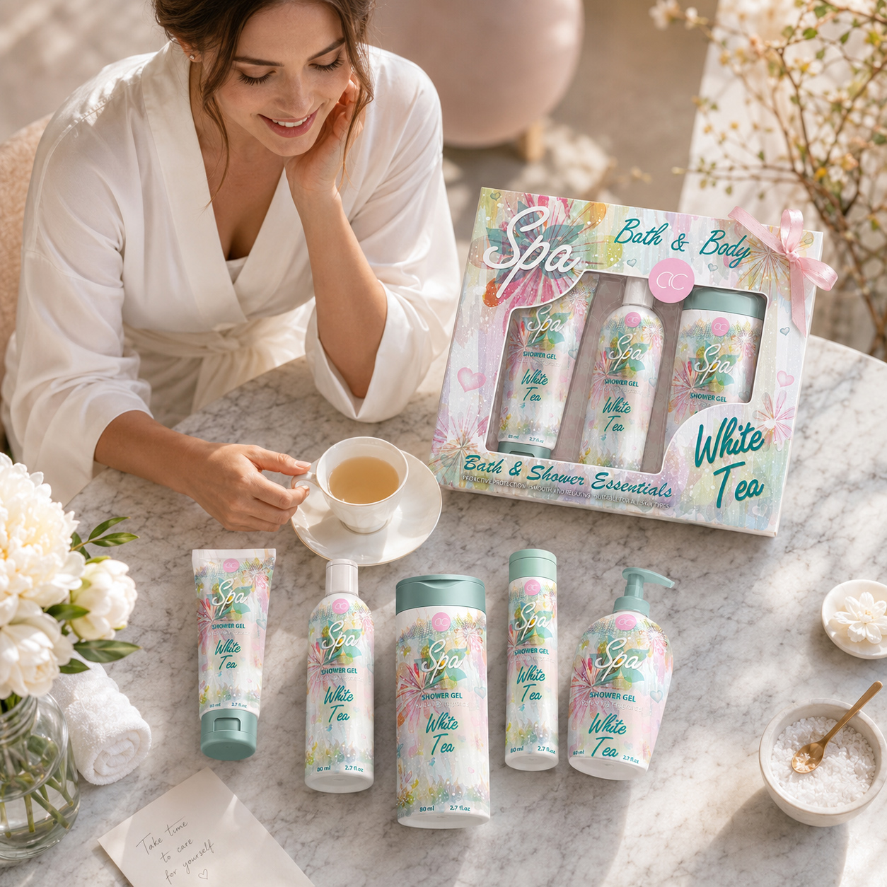 Woman enjoying tea beside ACCENTRA White Tea Spa products, a coordinated gift box, flowers, towels, and a self-care note.