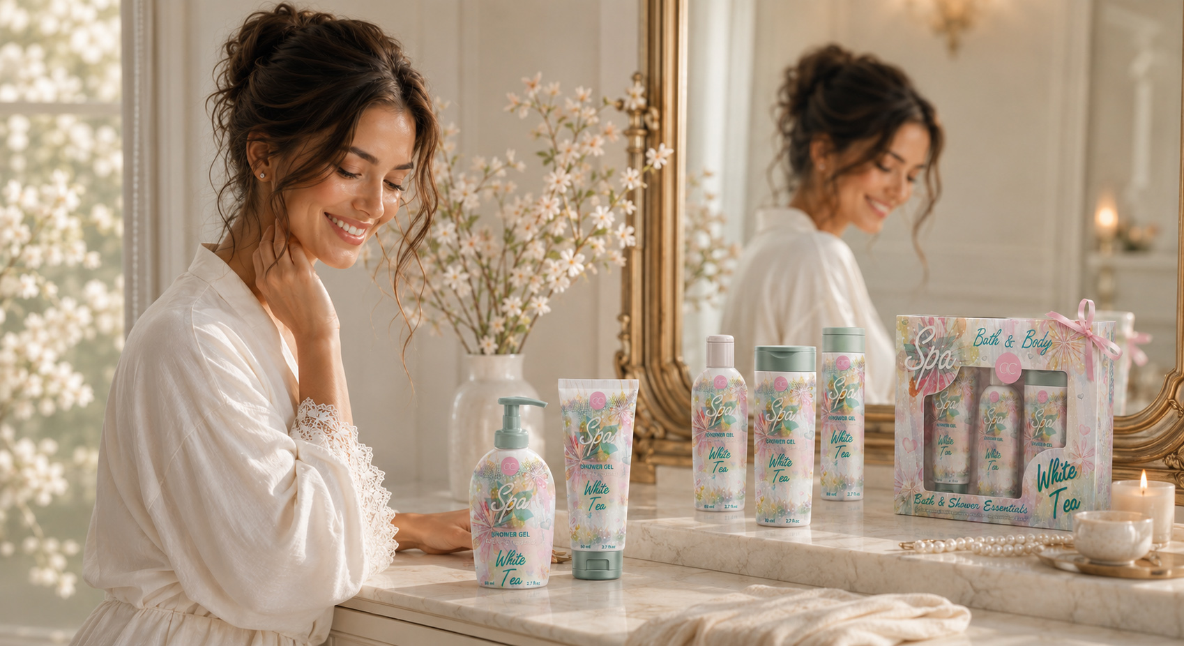 Smiling woman beside ACCENTRA White Tea Spa products and a coordinated gift box reflected within an elegant bathroom mirror.