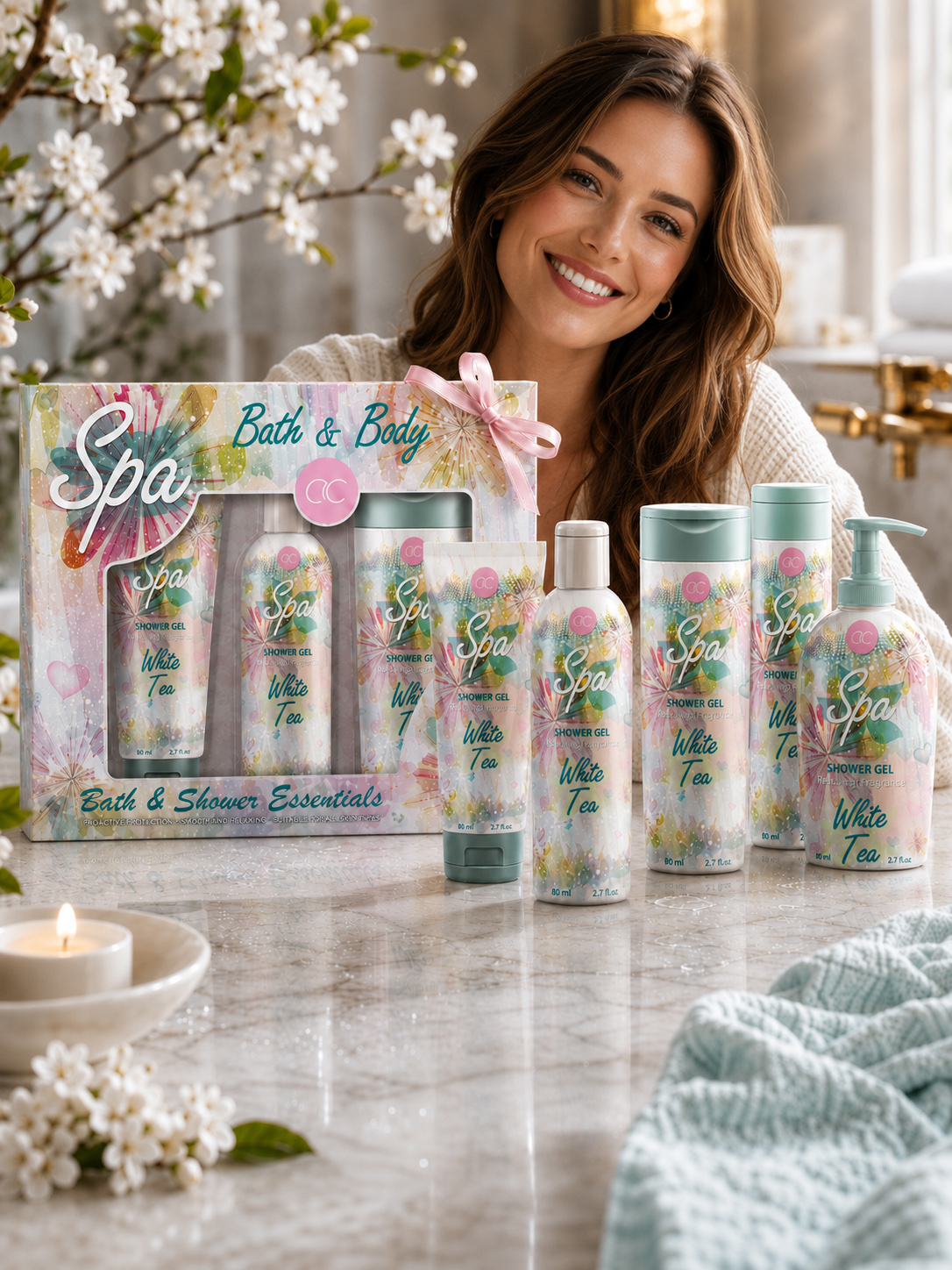 Smiling woman presenting the ACCENTRA White Tea Spa product collection and coordinated bath and body gift box.