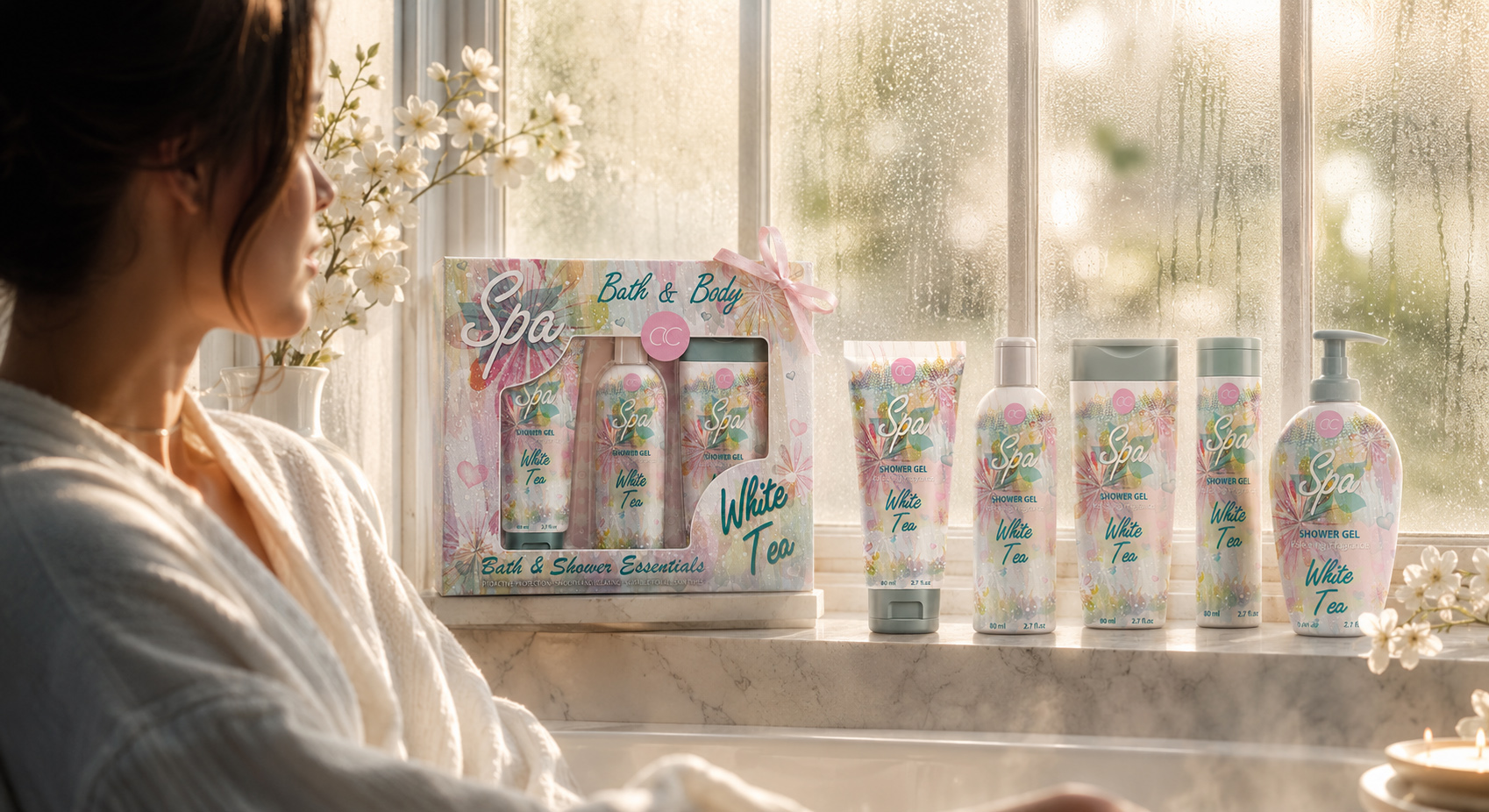 Woman relaxing beside the complete ACCENTRA White Tea Spa collection and coordinated gift box on a sunlit bathroom ledge.