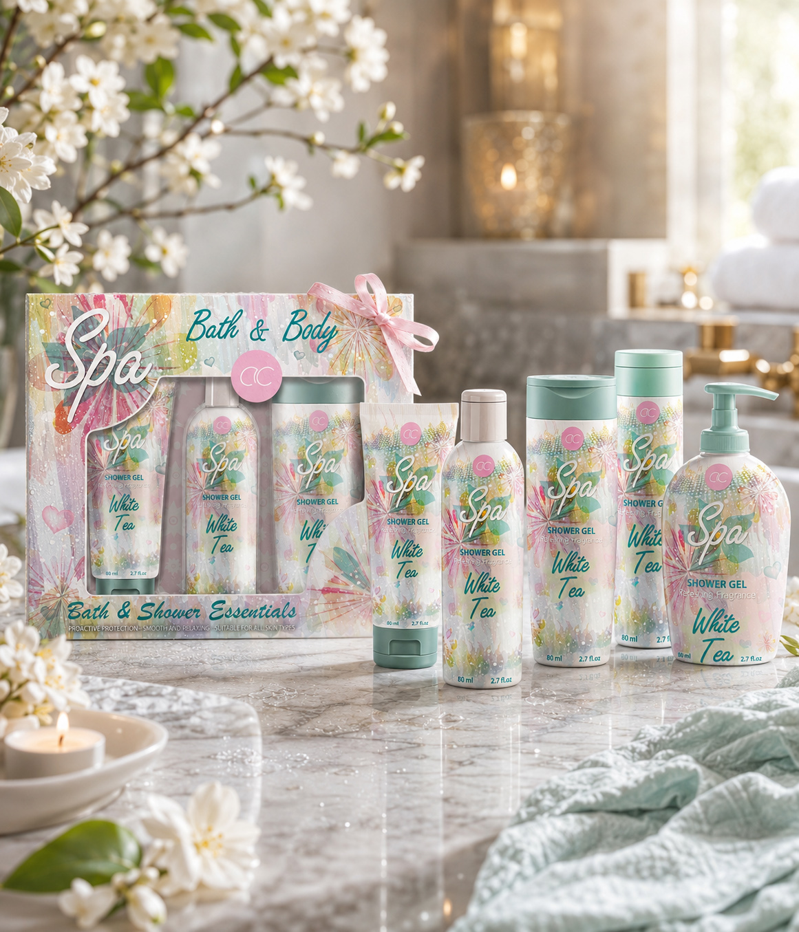 ACCENTRA White Tea Spa bath and body products with a coordinated gift box in a bright bathroom setting.