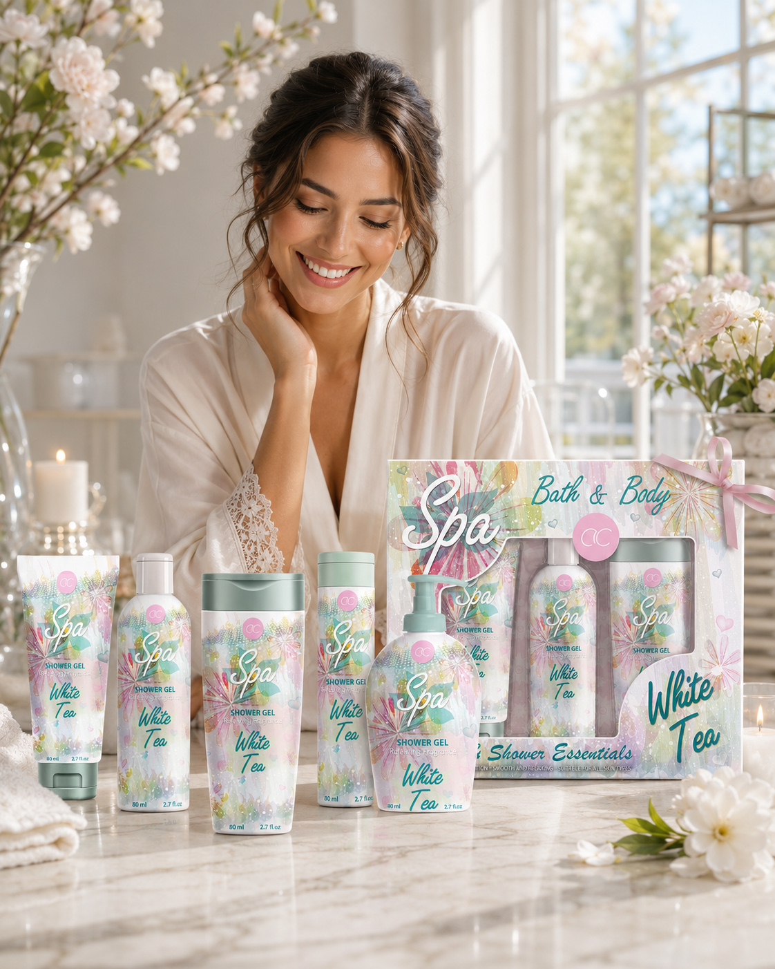 Smiling woman looking toward the complete ACCENTRA White Tea Spa collection and coordinated gift box.