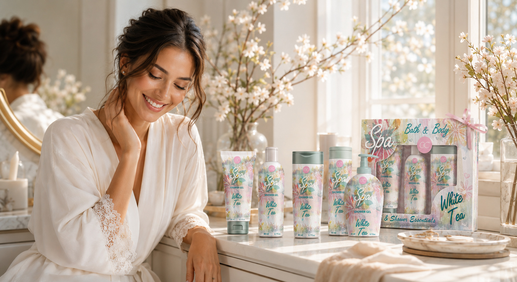 Smiling woman beside the complete ACCENTRA White Tea Spa product collection and coordinated gift box in a bright bathroom.