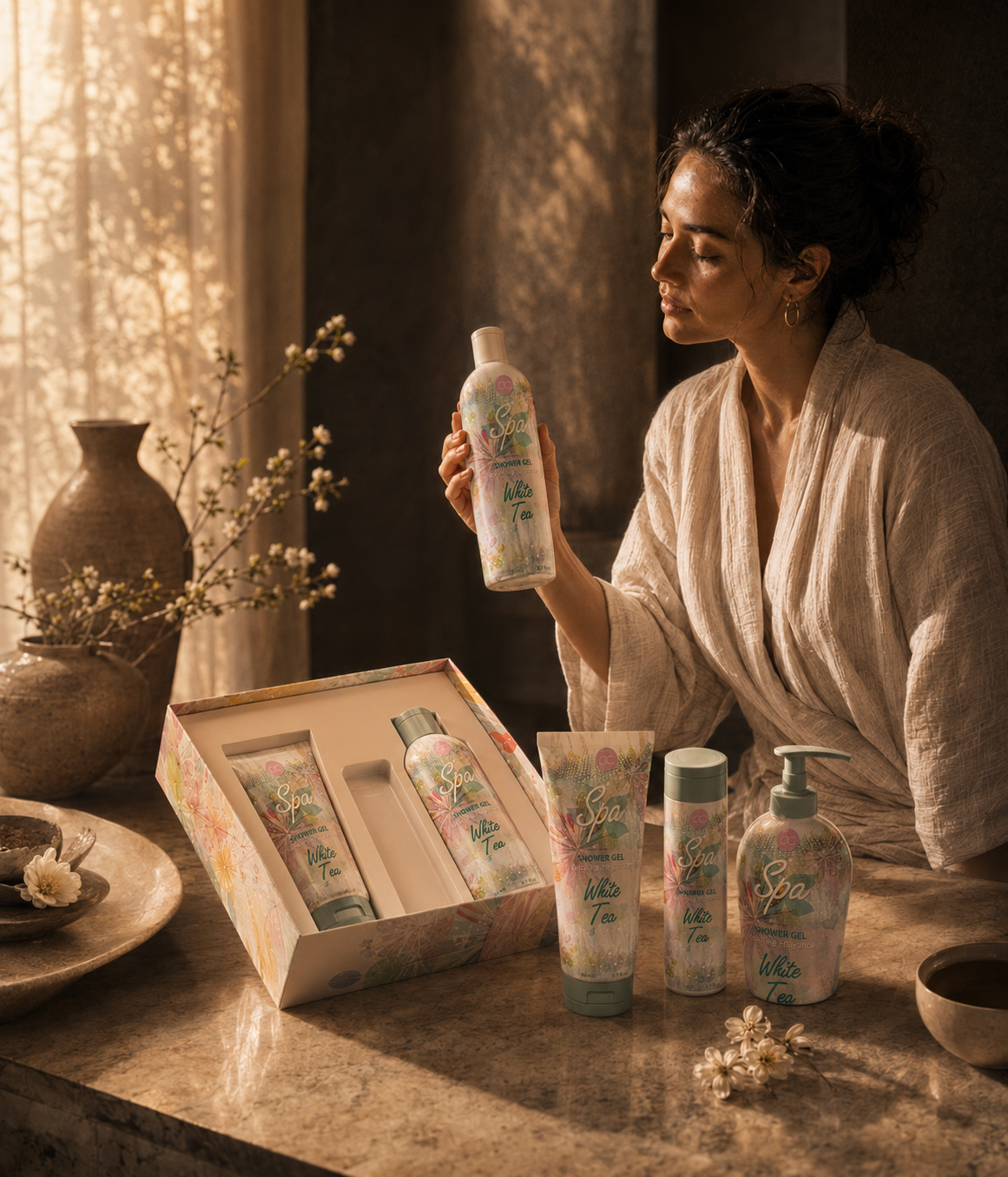 Woman holding an ACCENTRA White Tea Spa product beside an open floral gift box and coordinated bath and body toiletries.