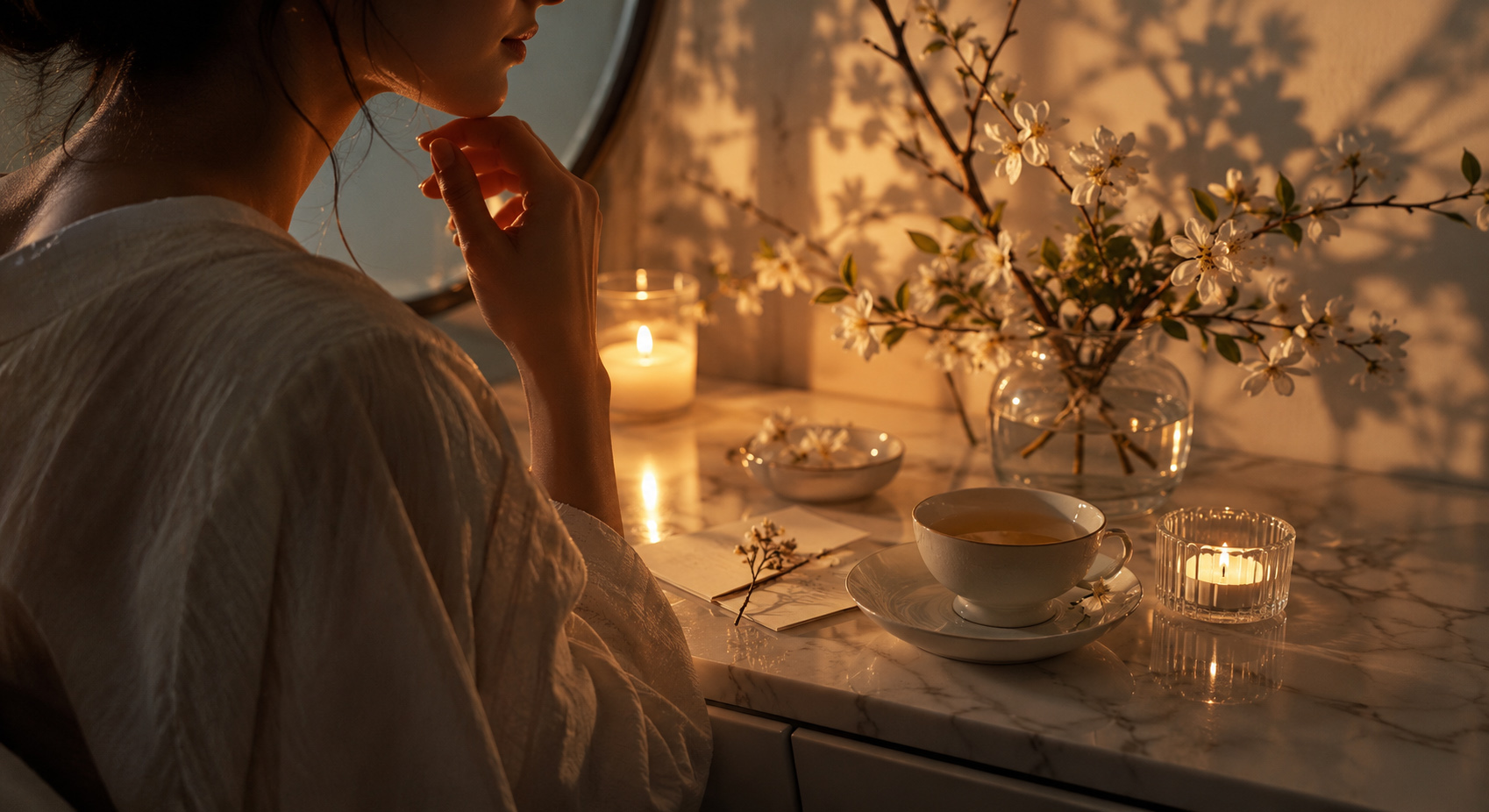 Woman seated beside a cup of tea, candles, white blossoms, and handwritten notes in a warm evening setting.