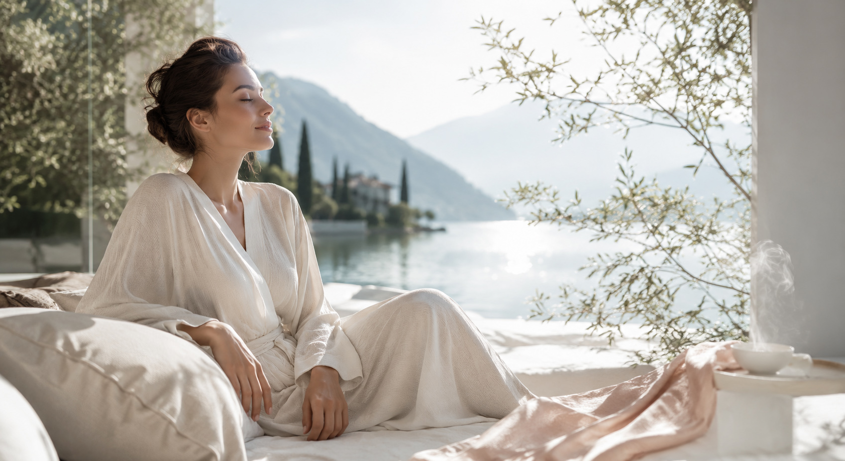 Woman resting with closed eyes in a sunlit interior overlooking a calm lake and mountain landscape.