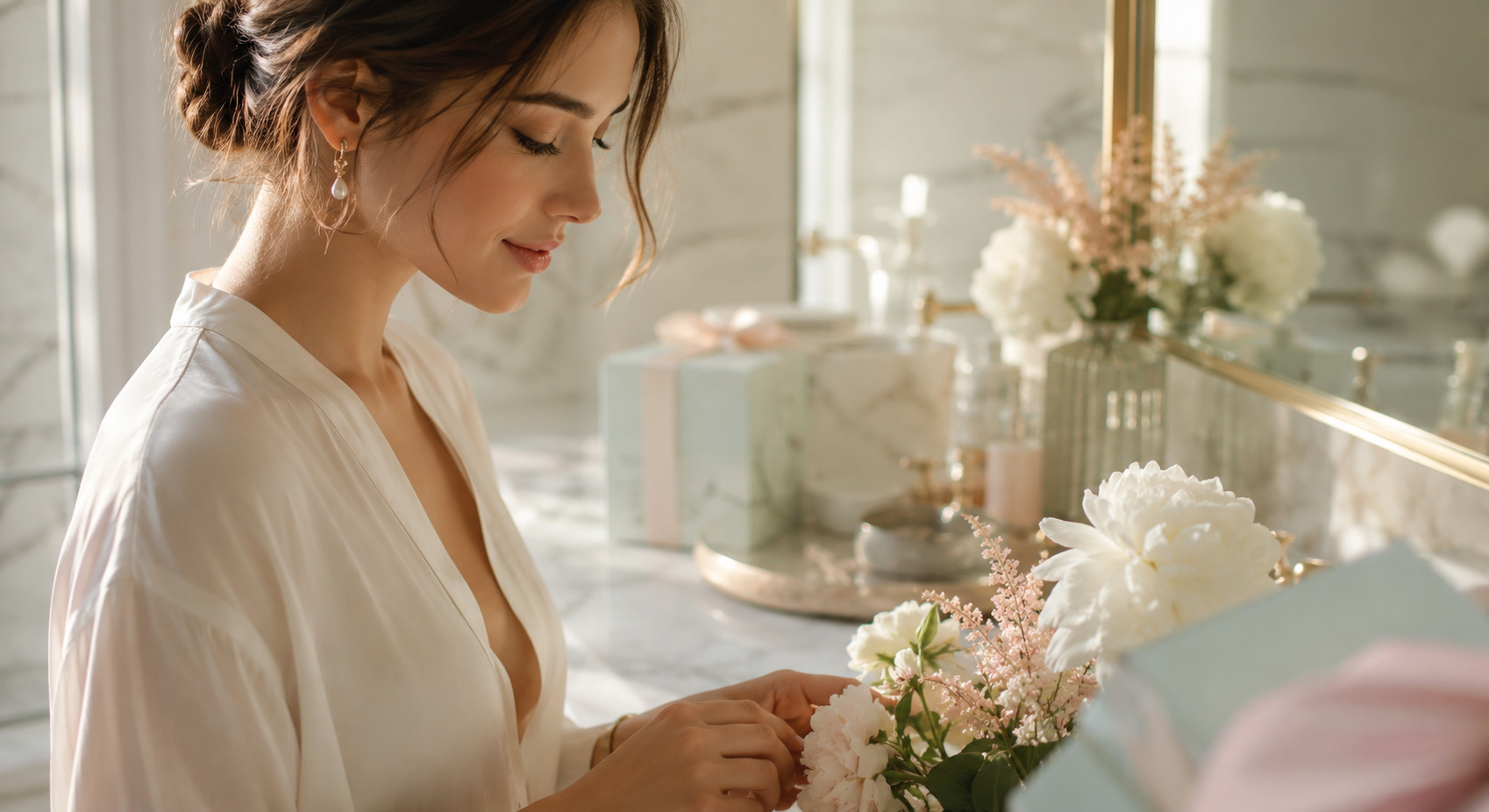 Woman arranging white and pale pink flowers in a bright bathroom prepared for a calm self-care ritual.