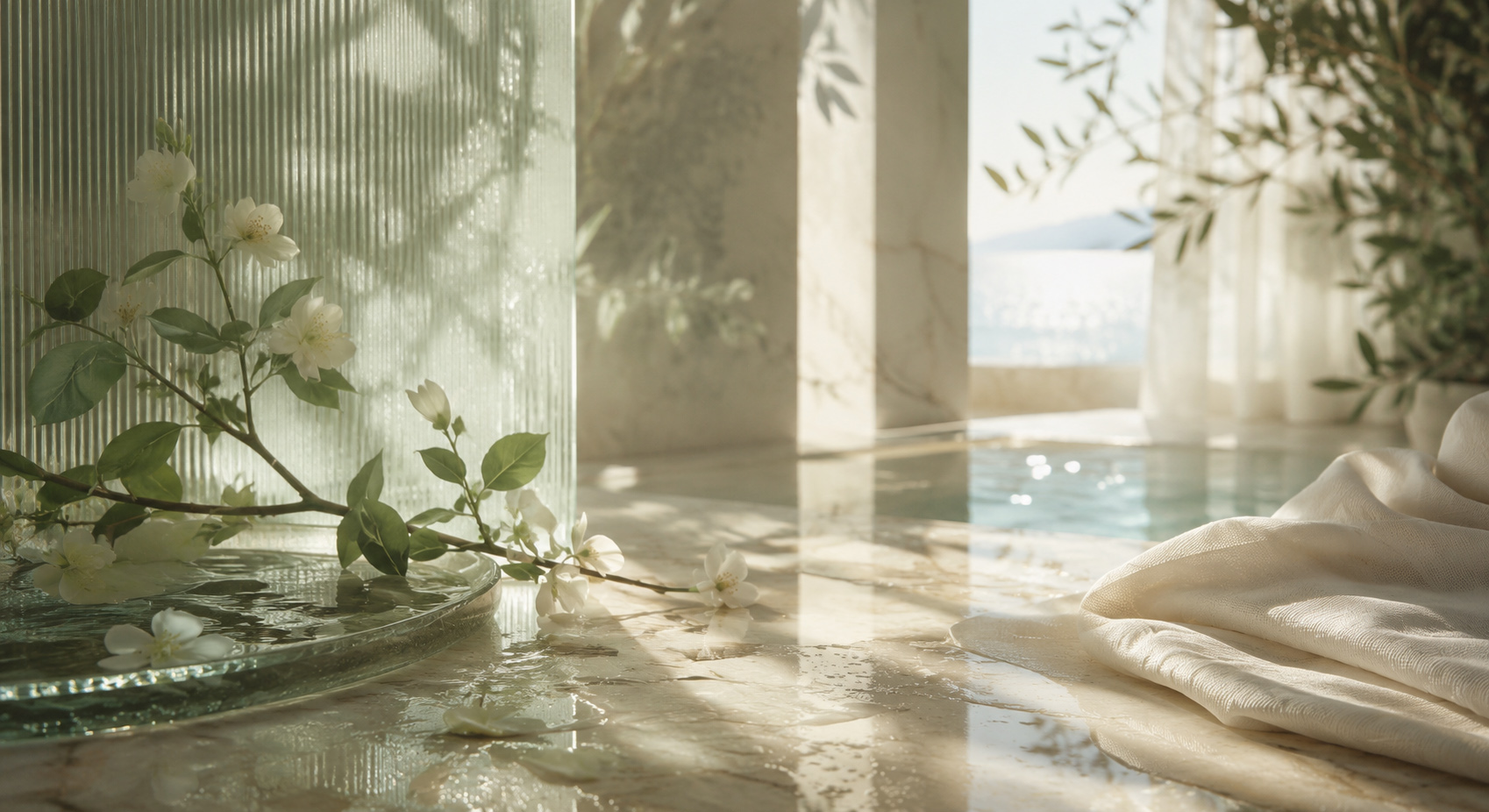 Sunlit spa interior with white blossoms, reflective stone, calm water, textured glass, and softly draped fabric.