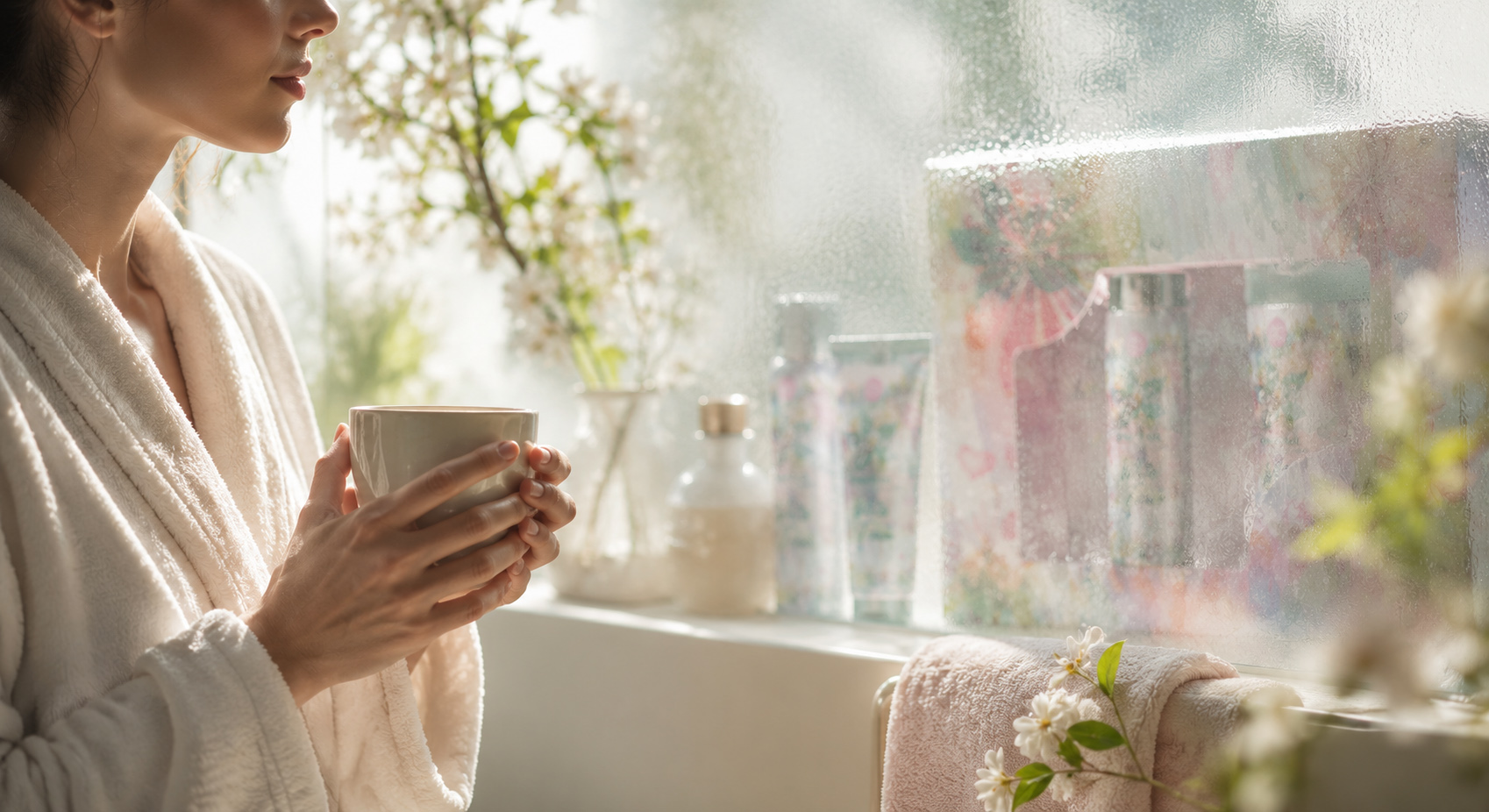 Woman holding a warm cup beside ACCENTRA White Tea Spa products and gift packaging softly visible through condensation-covered glass.