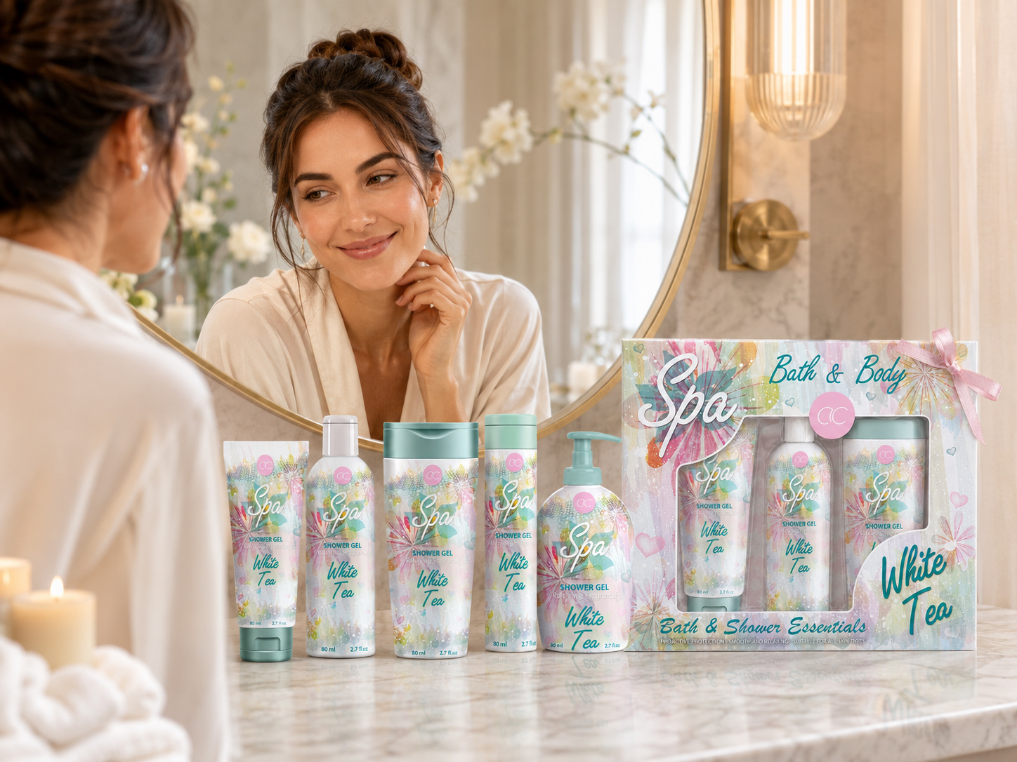 Woman looking into a bathroom mirror beside the complete ACCENTRA White Tea Spa collection and coordinated gift box.