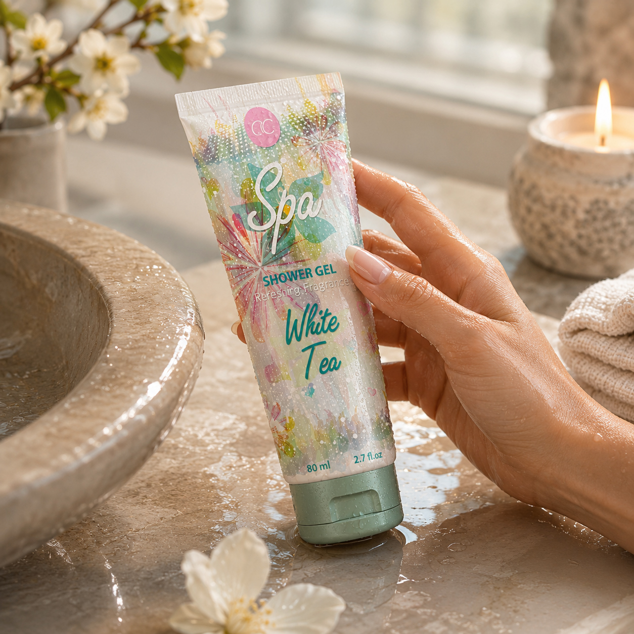 Hand holding ACCENTRA White Tea Spa shower gel beside a stone basin, candle, towels, and white blossoms.